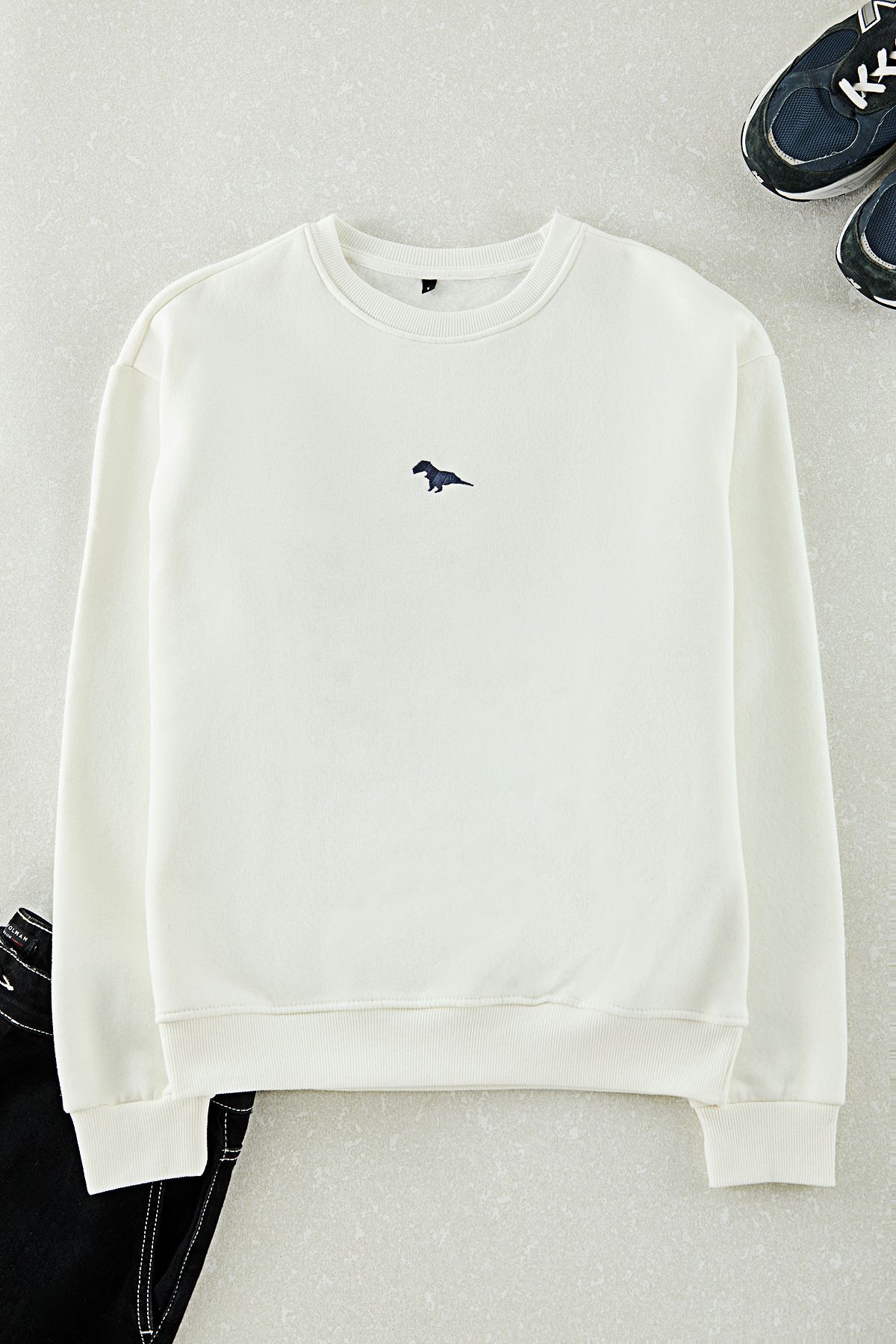 Trendyol Collection-Ecru Crew Neck Oversize/Wide Cut Fleece Inside Dinosaur Embroidery Sweatshirt Tmnaw24Sw00064 6