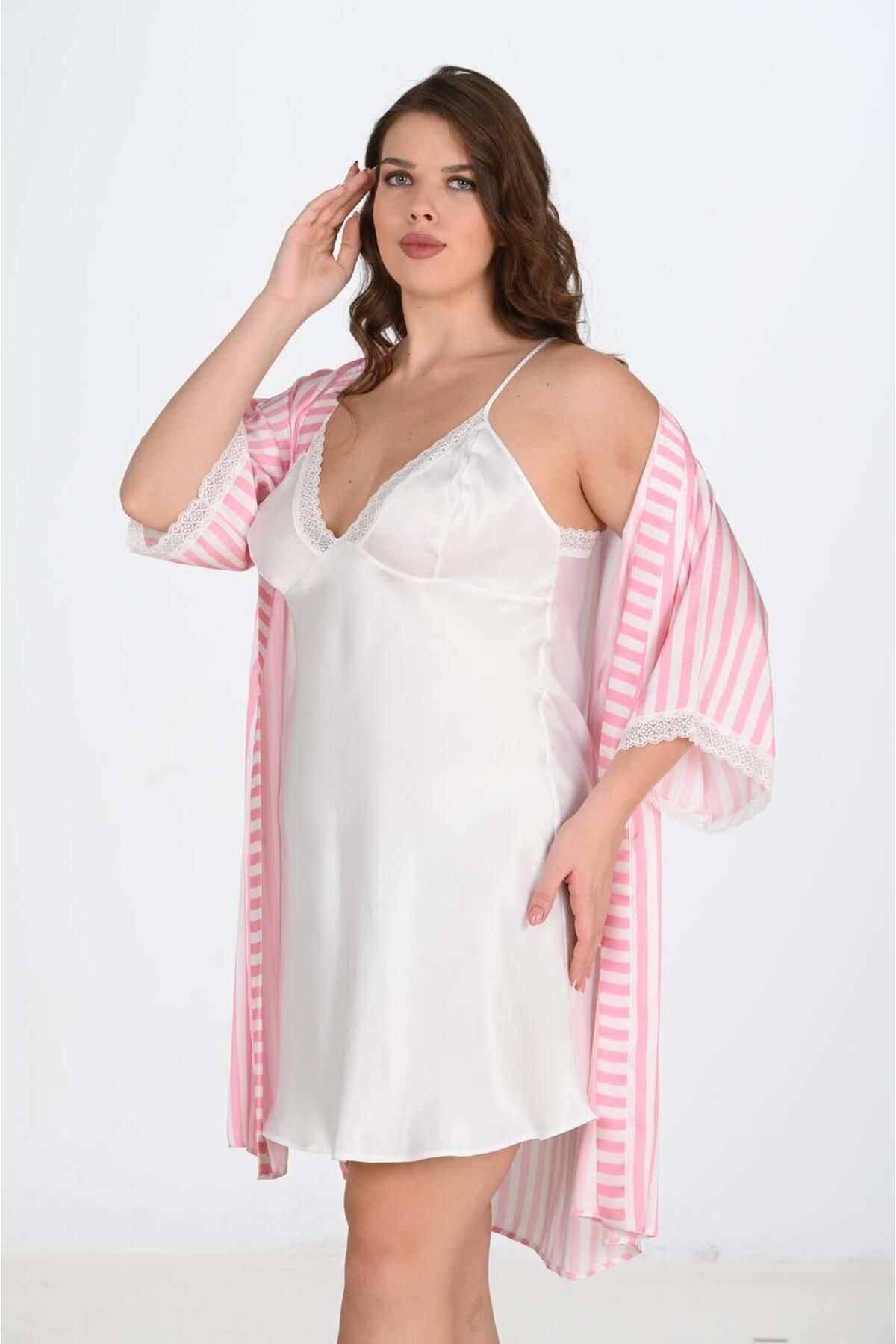 AHU-2-Piece White-Pink Dressing Gown Set Big Size 6210 1