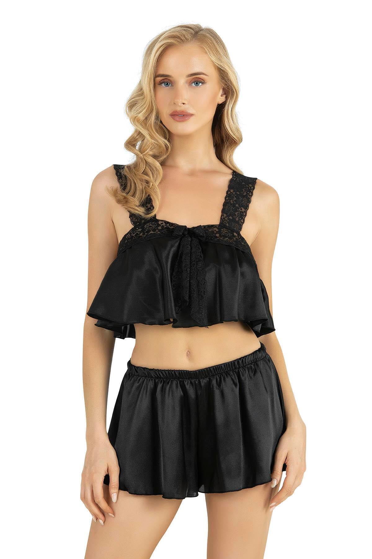 Primoda Siyah Saten Şort Takımı 9200