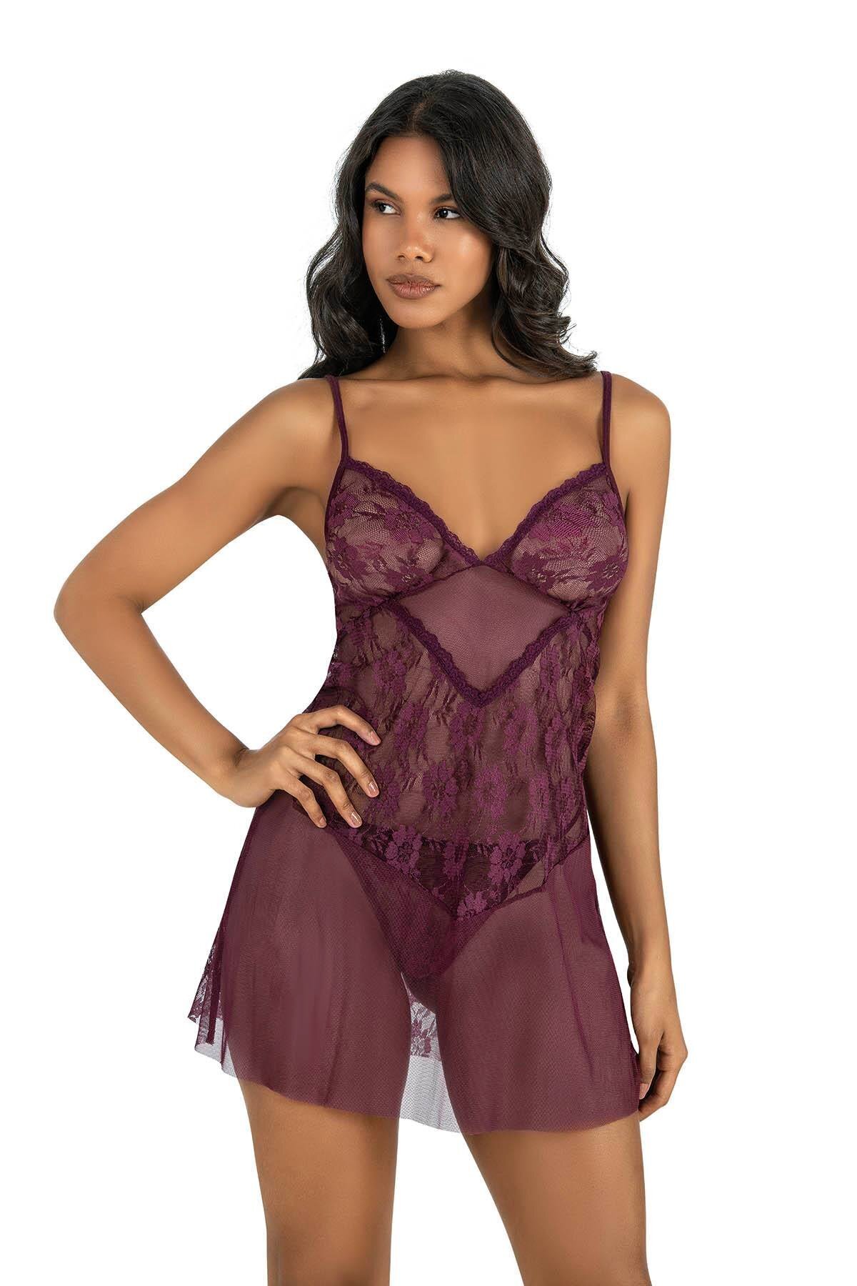 Primoda Mürdüm Kısa Tül Gecelik 4201