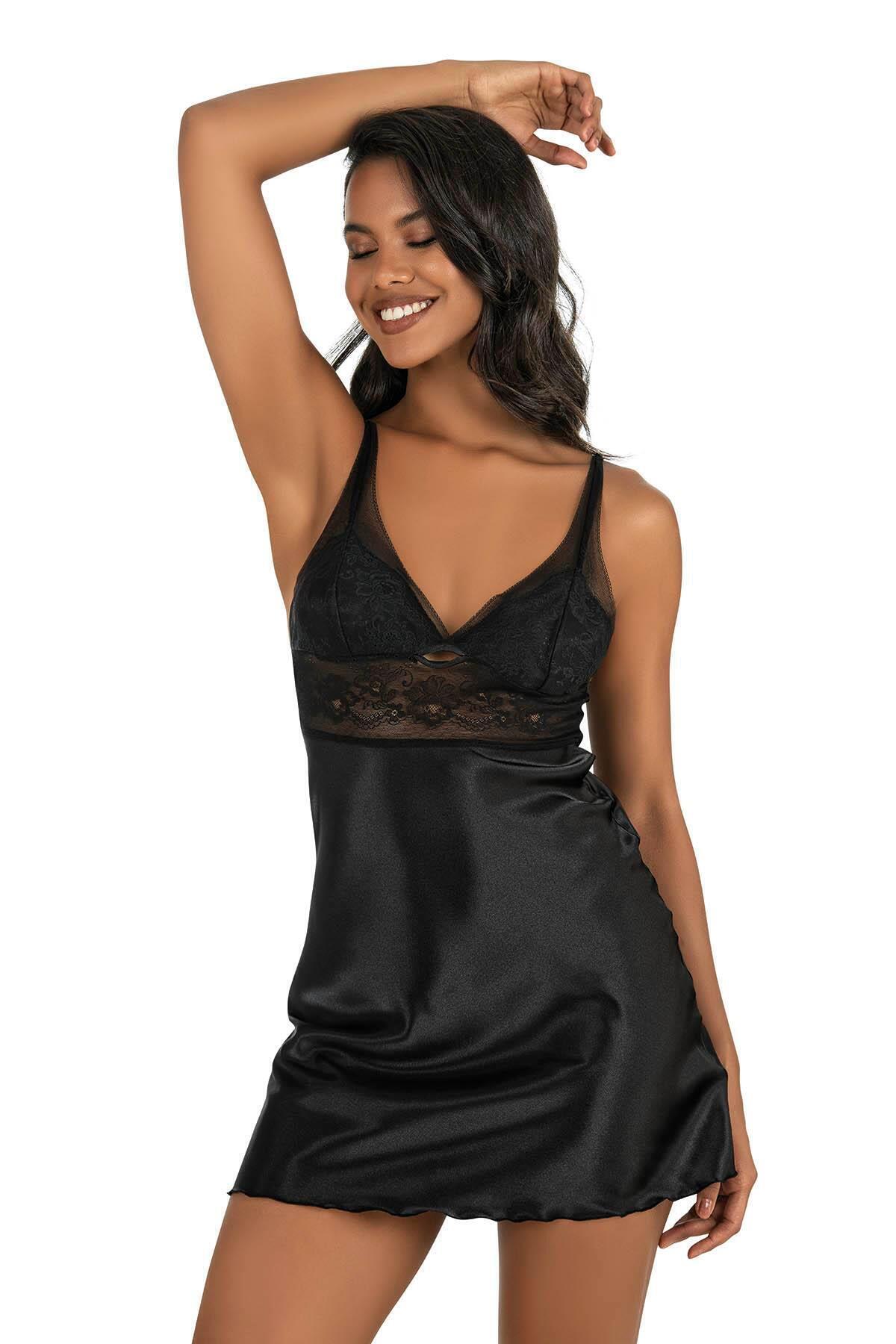 Primoda Siyah Kısa Saten Gecelik 8230