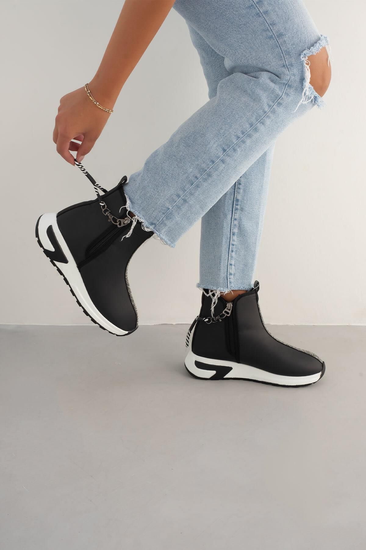 Beyond-White Sole Black Elora Boots - Black Elora Double Zippered Stone Detailed Waterproof Parachute Boots 4