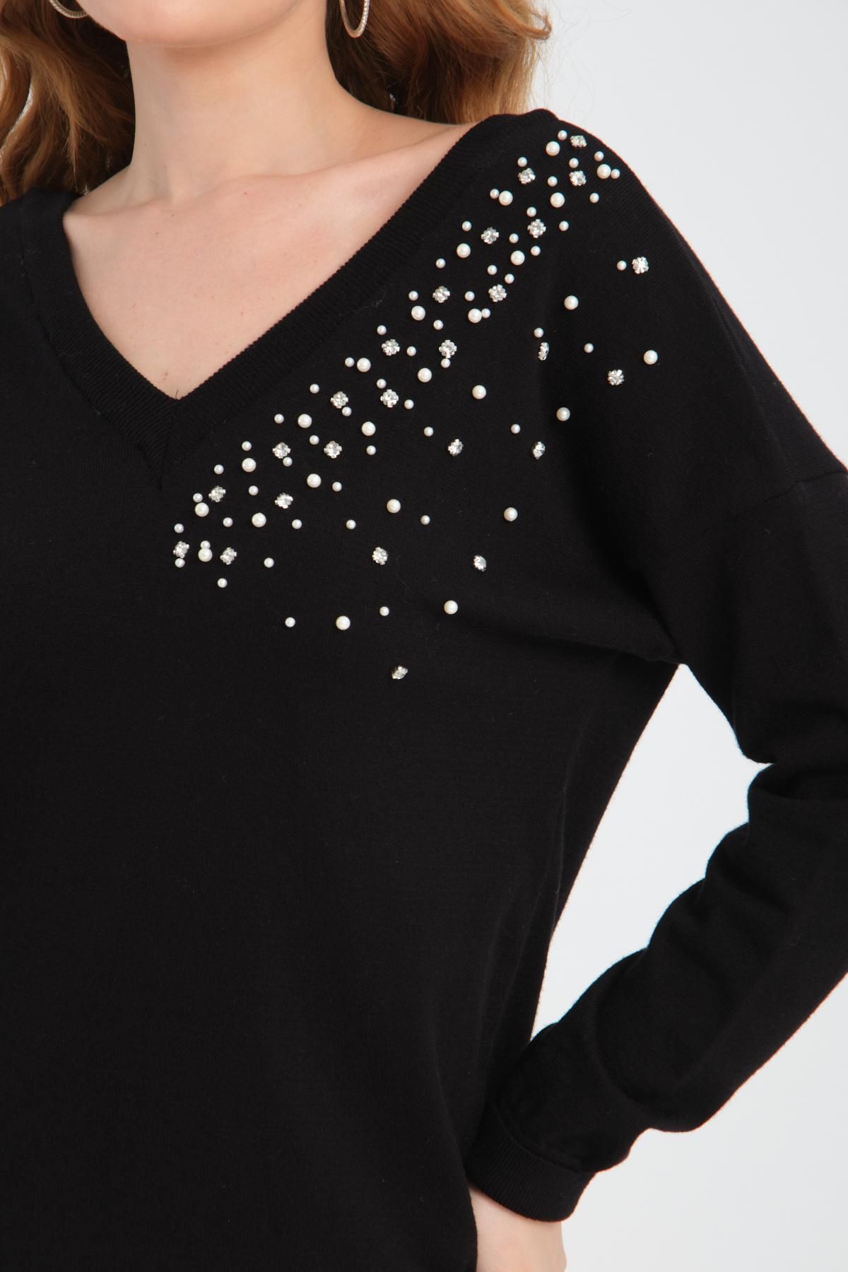 Moda Days-Women's Black Pearl Beaded V-Neck Sweater 5