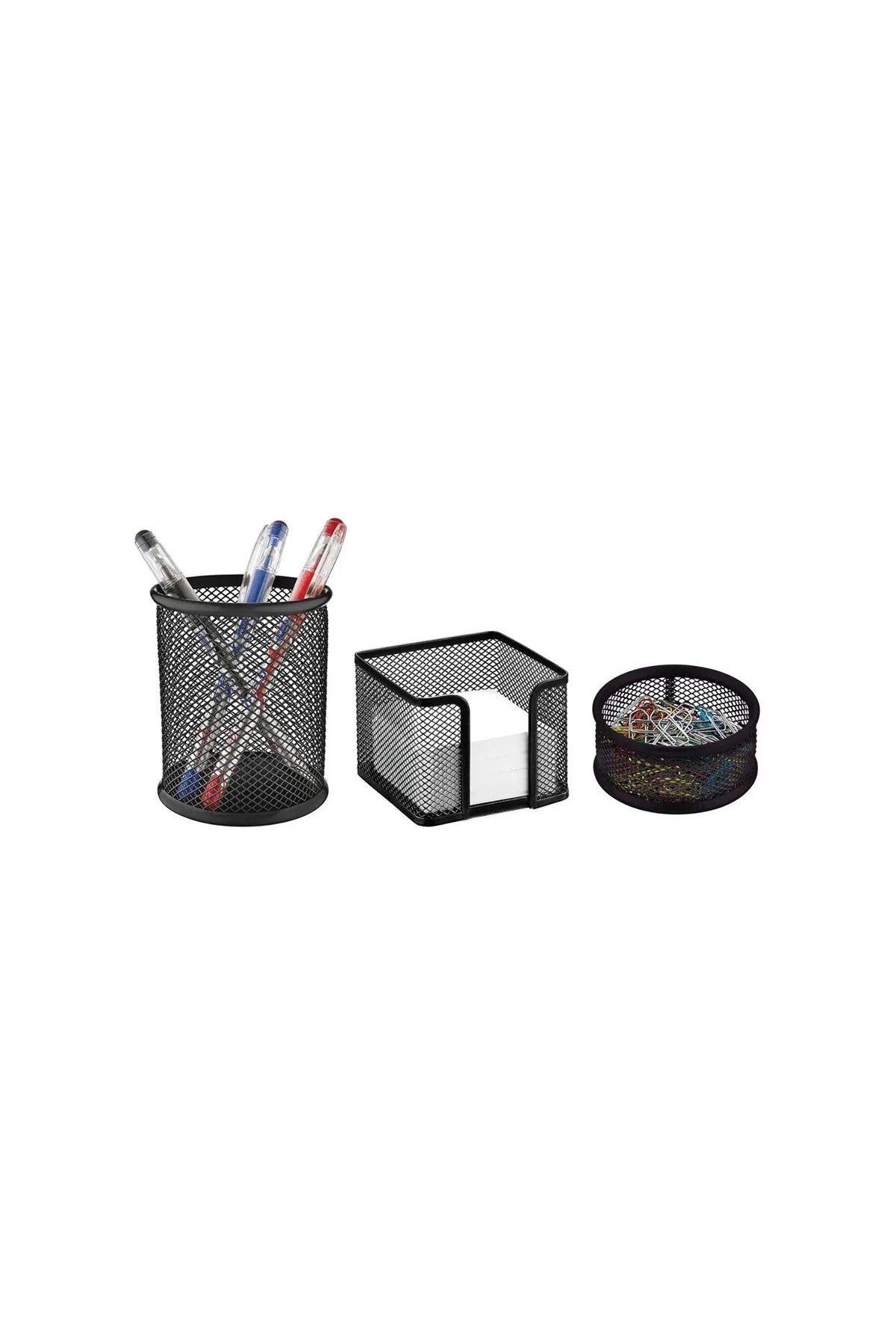 Bion-Table Set Paper Clip-Paper Holder-Pencil Holder Metal Perforated Black Set of 3 1