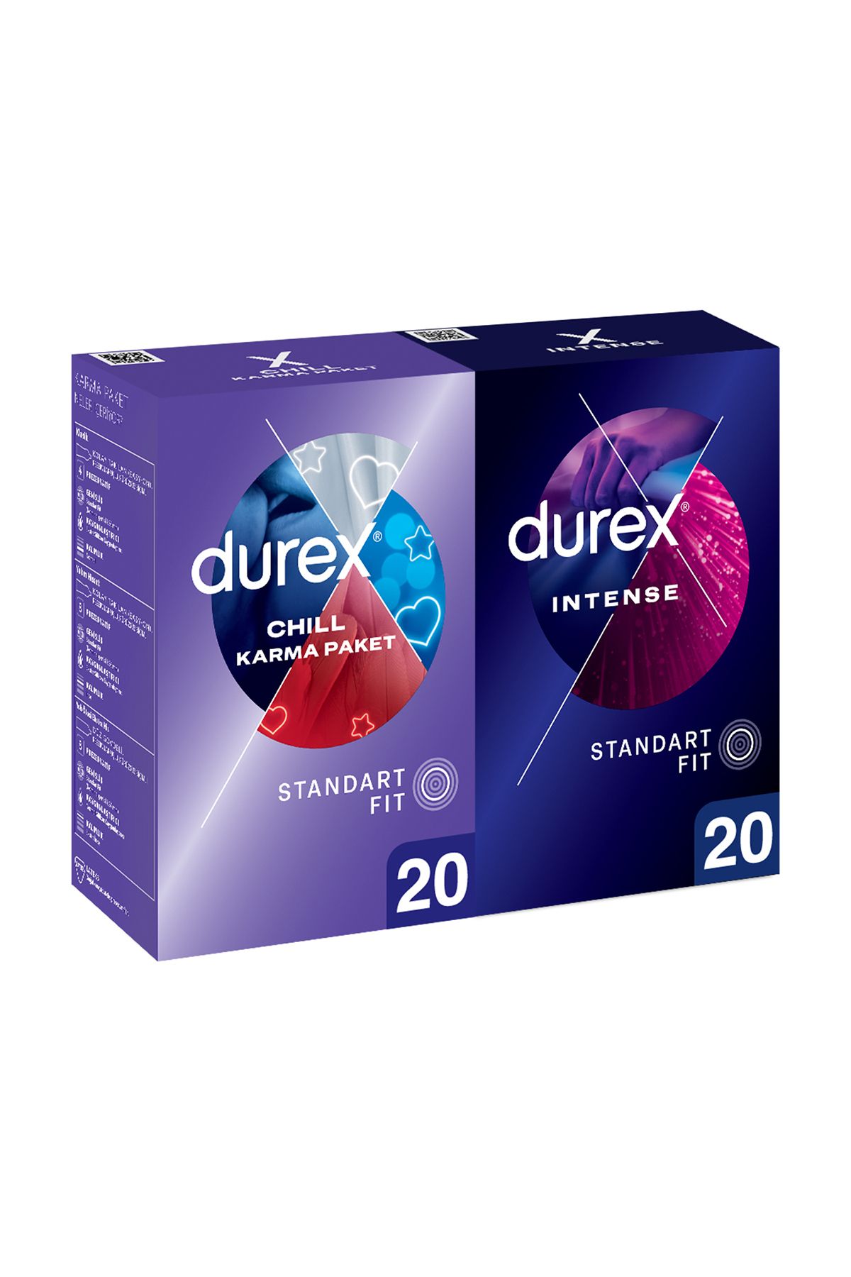 Durex Chill Karma Paket Prezervatif 20’li + Durex Intense Uyarıcı Jelli ve Tırtıklı Prezervatif 20'li