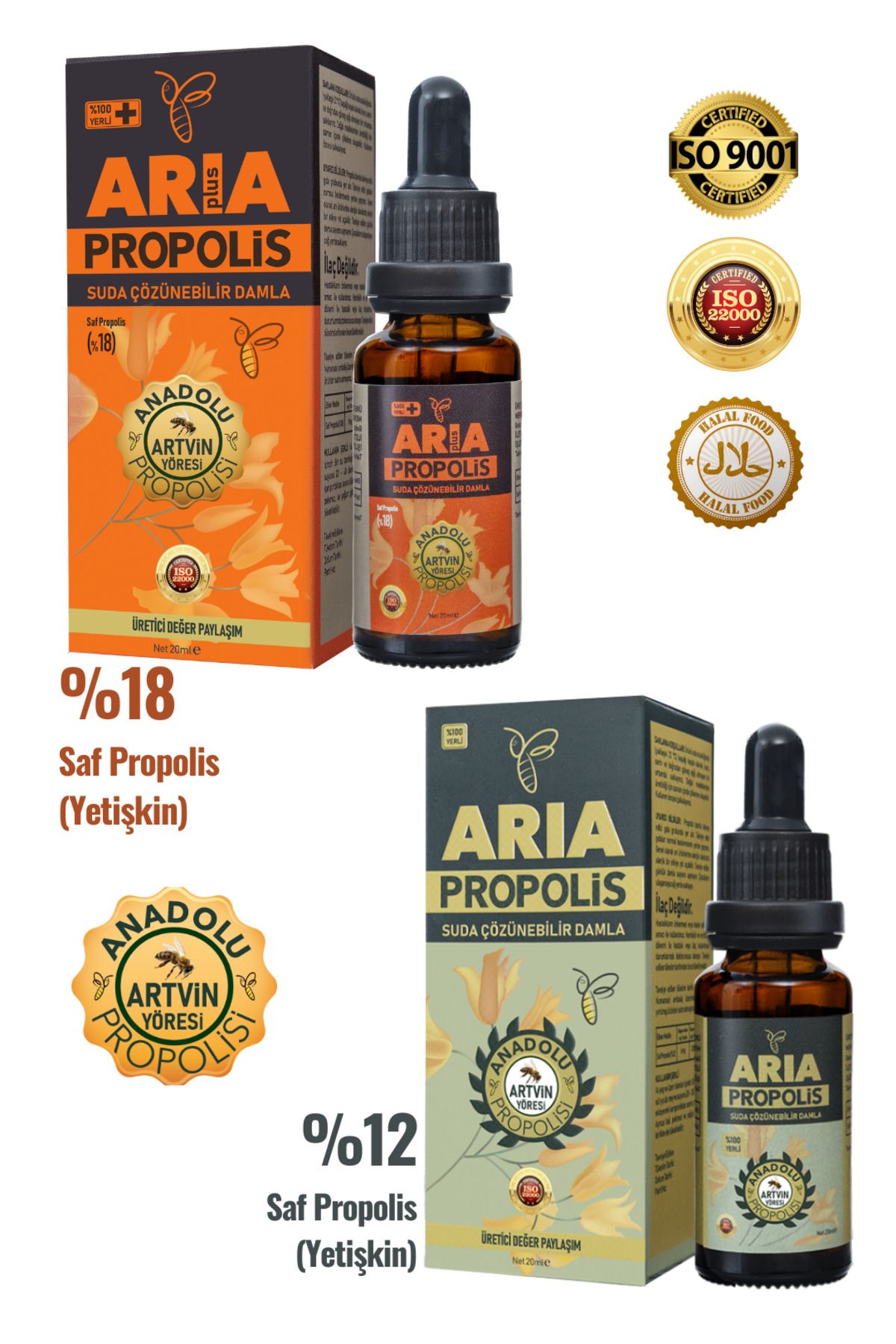 ARIA Propolis Suda Çözünebilir Damla %12 + Suda Çözünebilir Damla %18 - 2x20ml