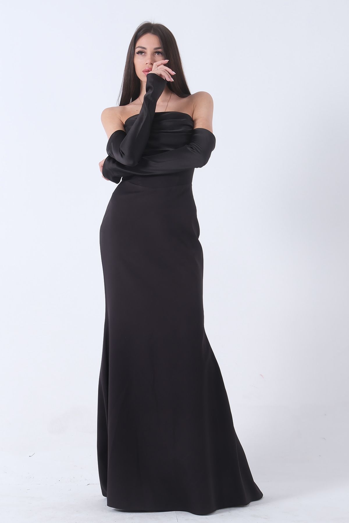 Feminist-Black Long Draped Evening Dress - Button Detailed 9705361 5