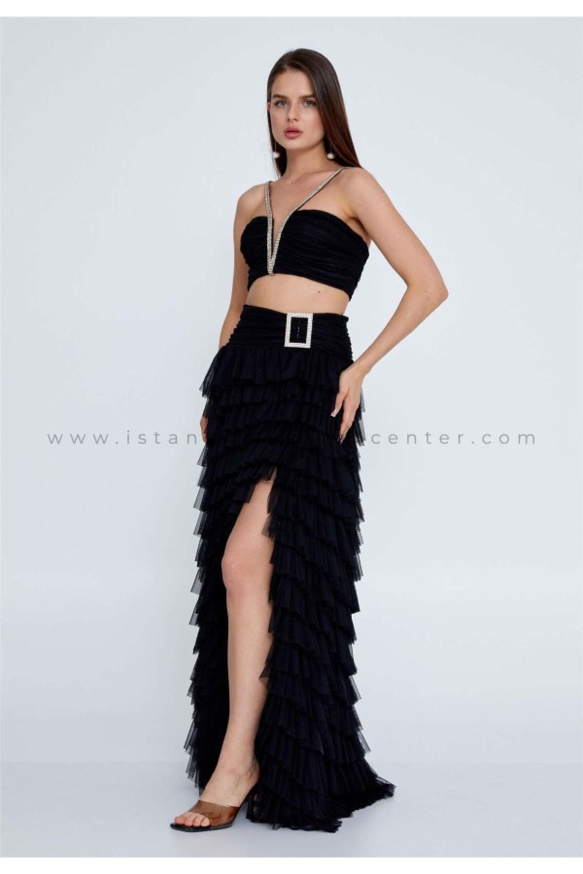 ÖMÜR INN-Black Stone Crop and Tiered Rifful Slits Elegant Evening Dress 3