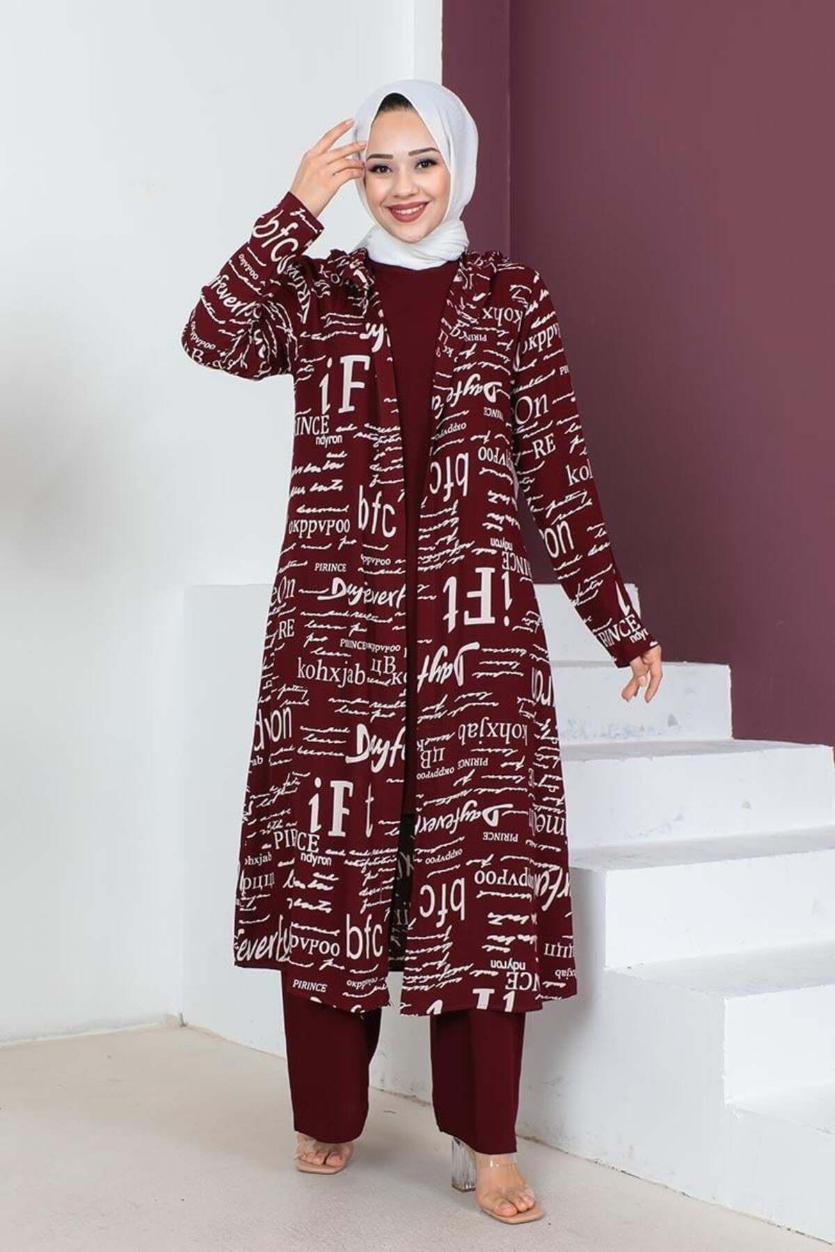 SGS-3 Piece Written Hijab Set - VİŞNE 4