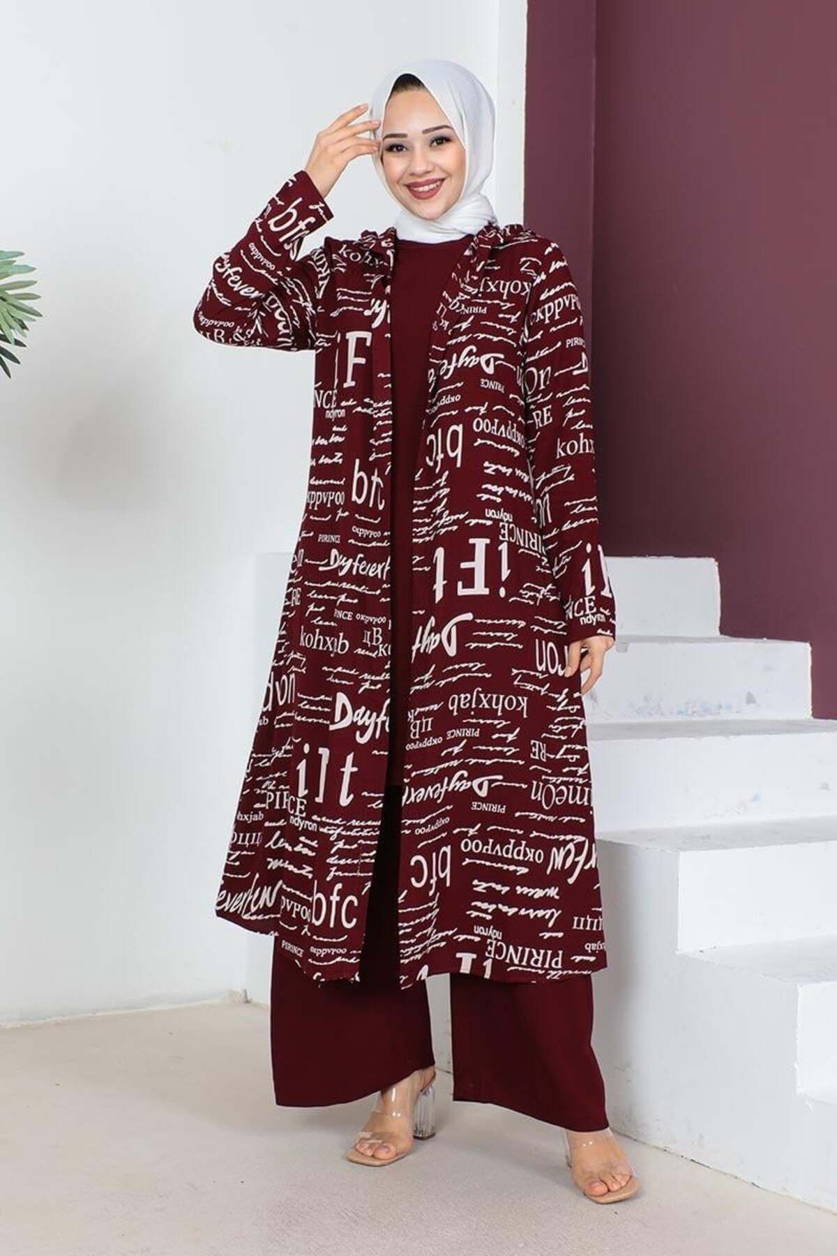 SGS-3 Piece Written Hijab Set - VİŞNE 3