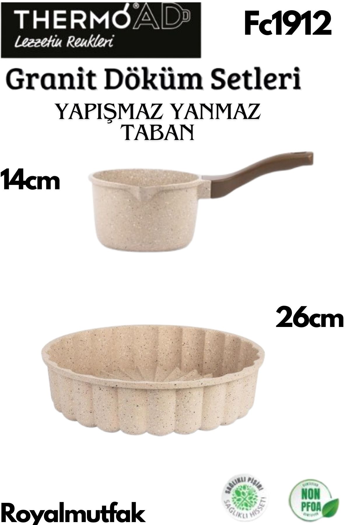 ThermoAD Döküm Granit Tart Kalıbı Vizon 26 cm + Vizon Renk Granit 14cm Sütlük – Sosluk ( 1lt. )