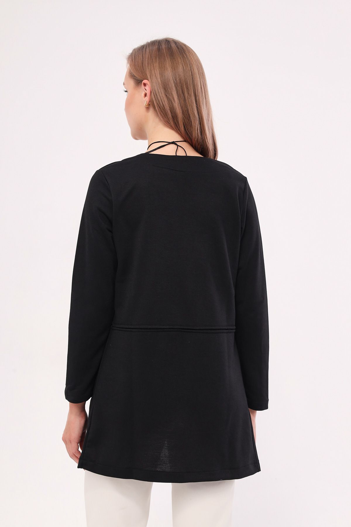 armonika-Women's Black Long Jacket with Stitched Waist ARM-20K001021 4