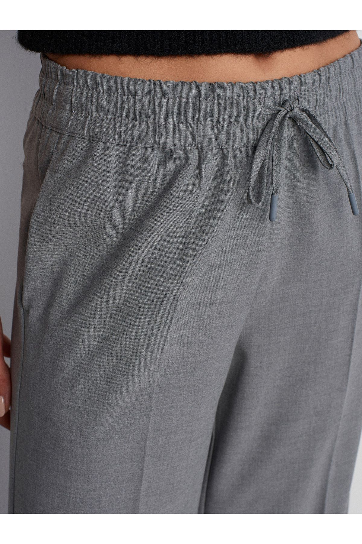 Dilvin-71556 Drawstring Tied Trousers-Light Gray 4
