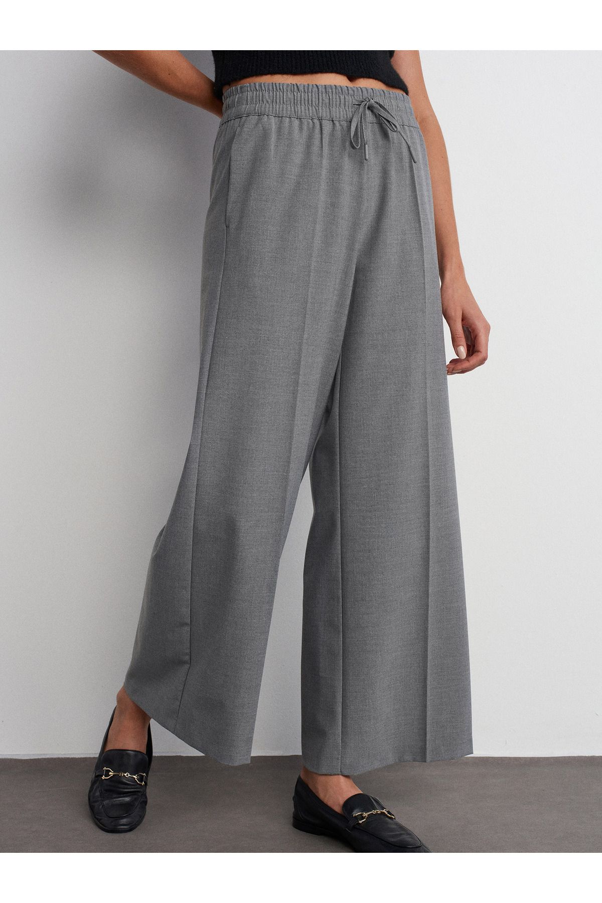Dilvin-71556 Drawstring Tied Trousers-Light Gray 5