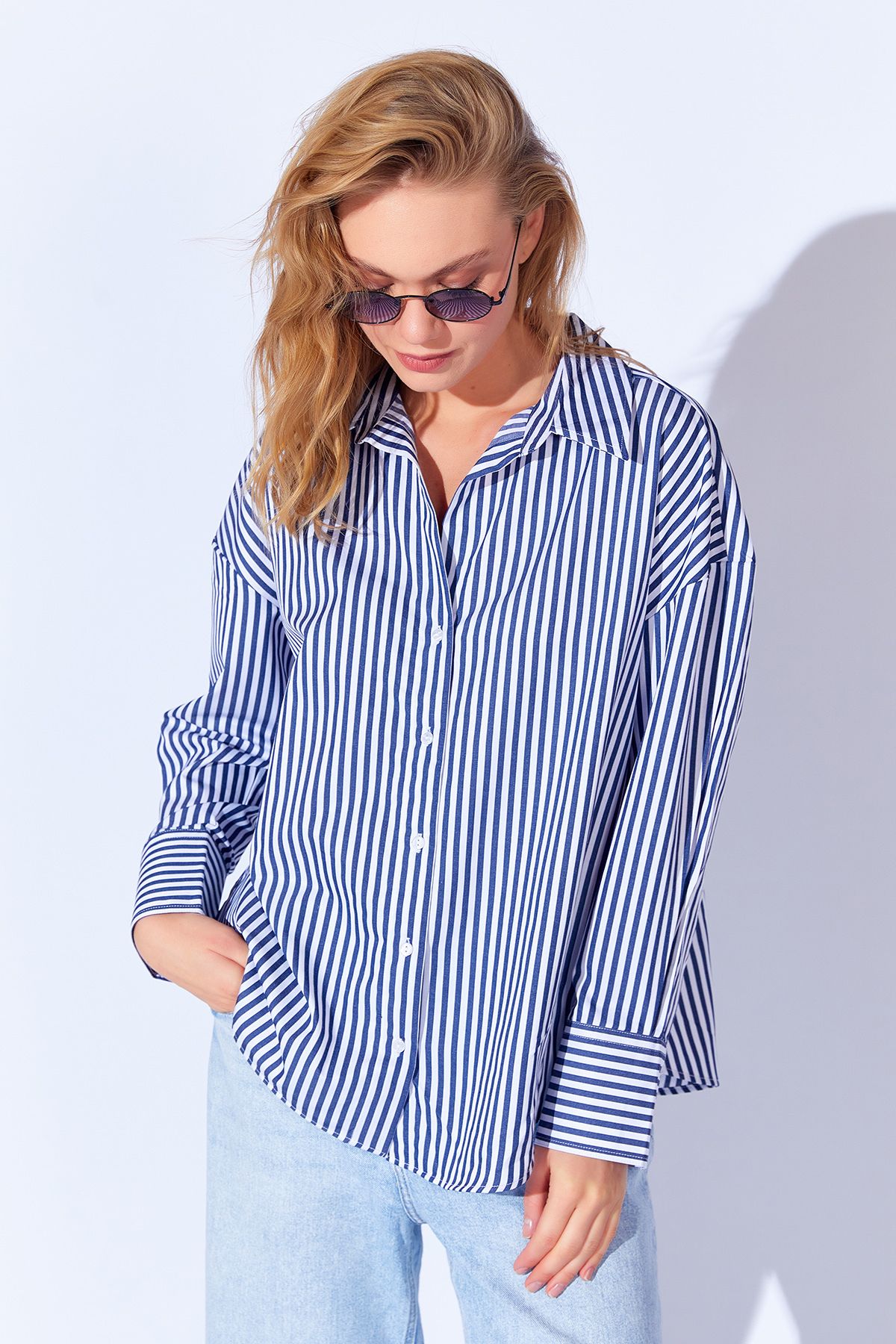 Manche-Navy Blue Striped Women's Shirt 2