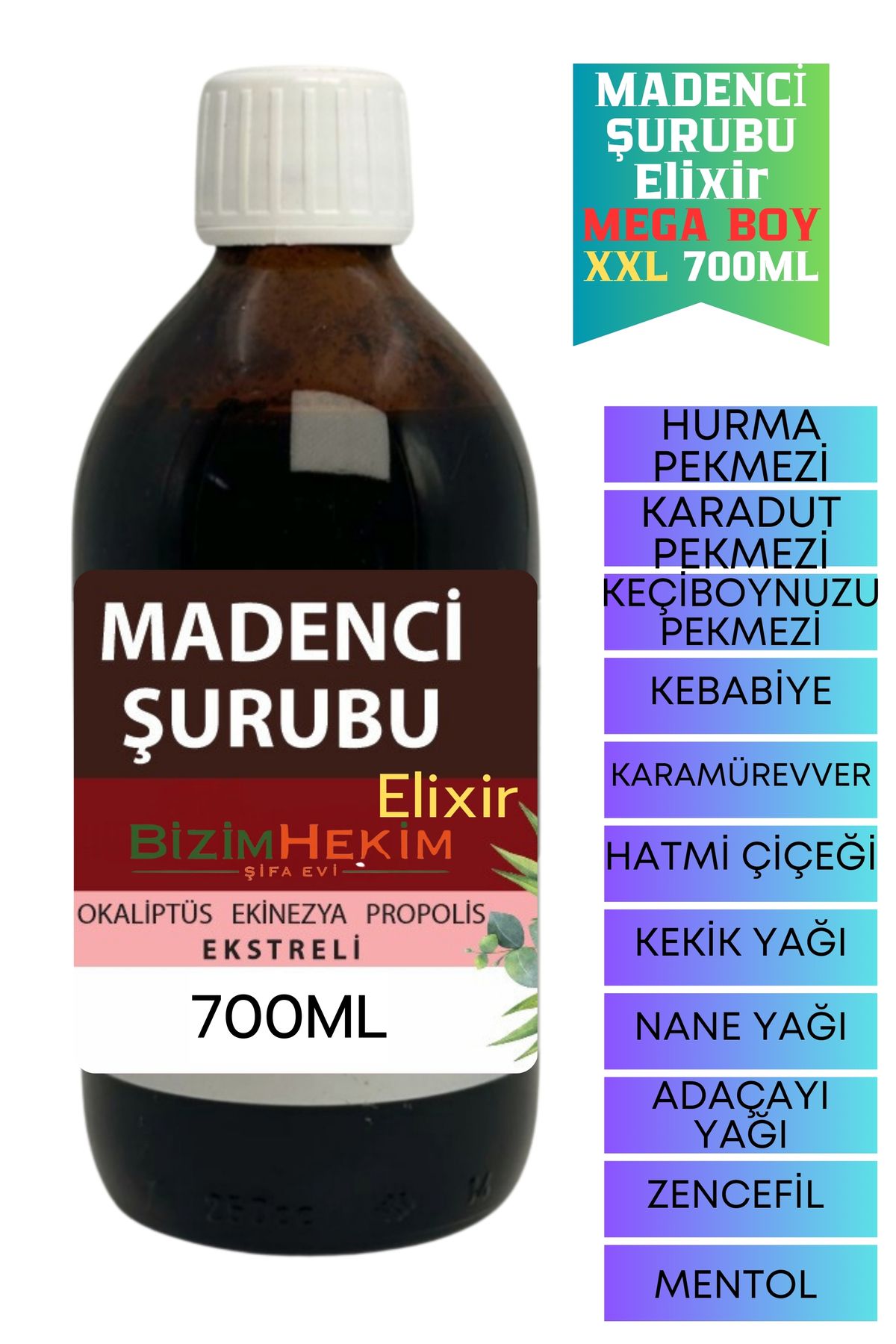 BİZİMHEKİM Madenci Şurubu Elixir 700 ml Propolisli Vitamin Destek 8 Bitki Özlü