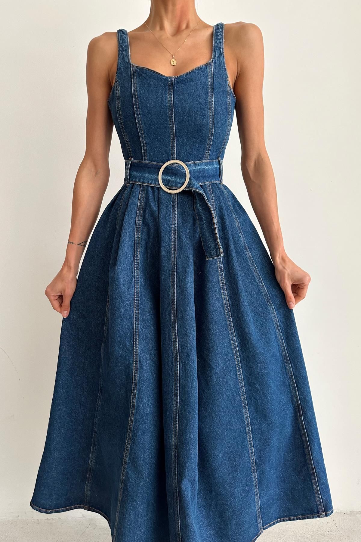 mylove-Navy Blue Denim Belted Dress 5