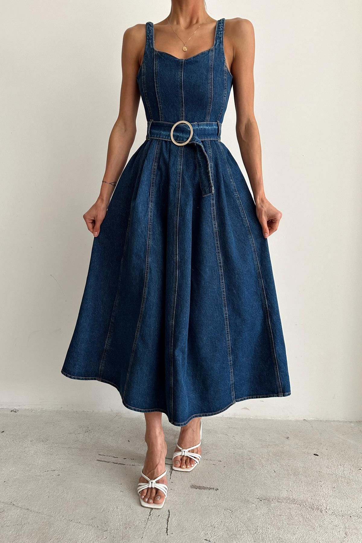 mylove-Navy Blue Denim Belted Dress 1