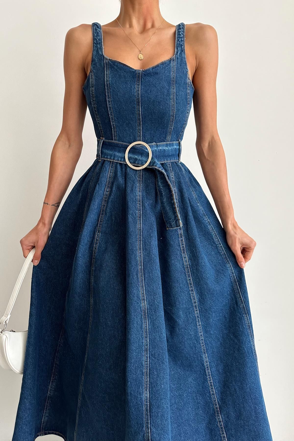 mylove-Navy Blue Denim Belted Dress 2