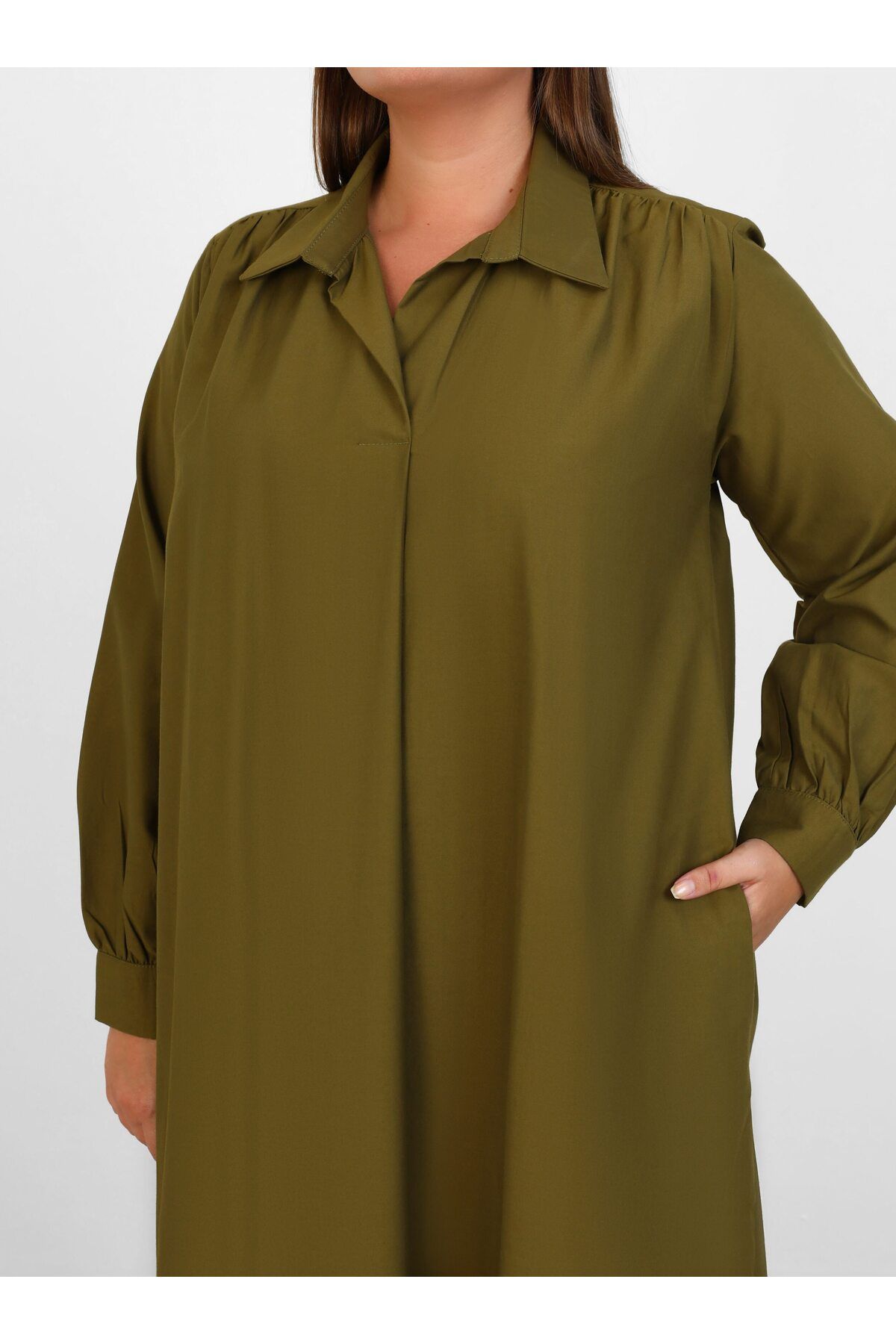 ALİA-Khaki Plus Size Poplin Dress - Alia 6