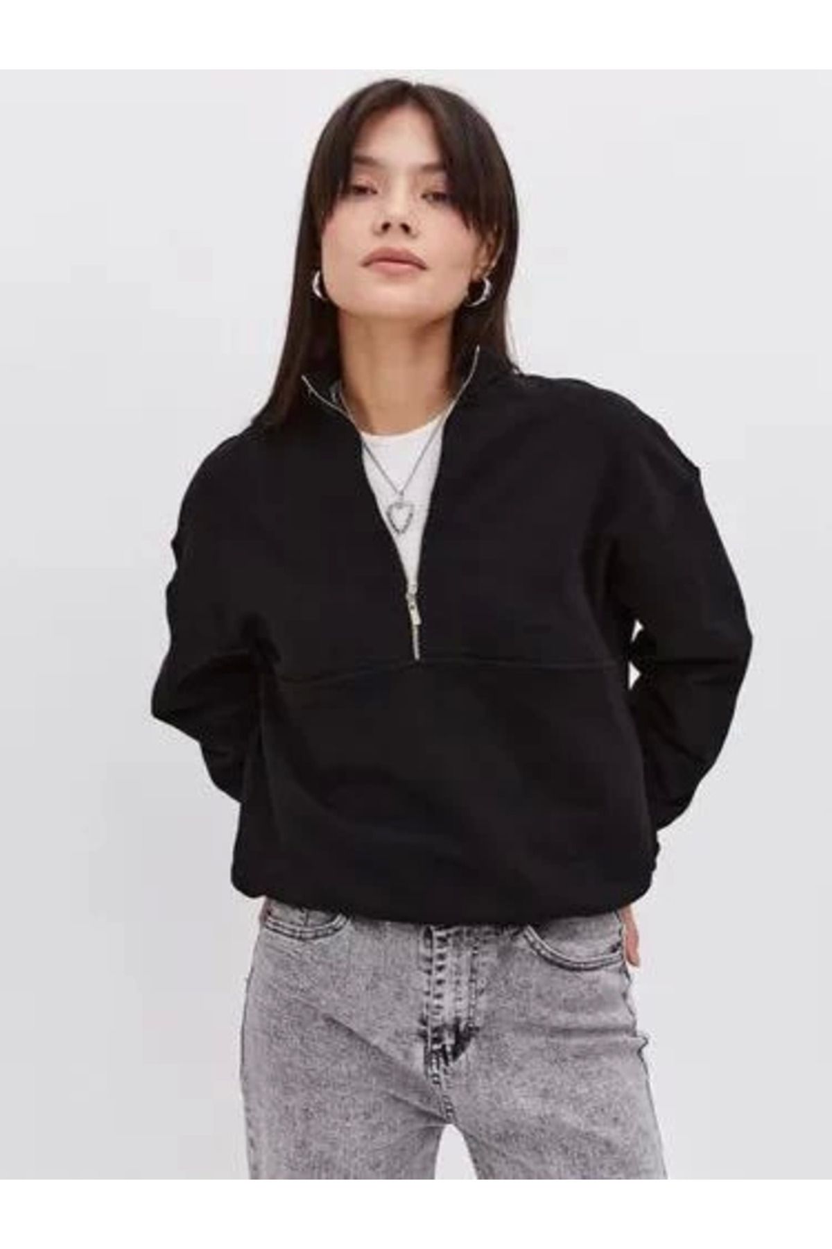 ATOM84 Oversize Yarım Farmuarlı Yakalı Basic SweatShirt - Siyah