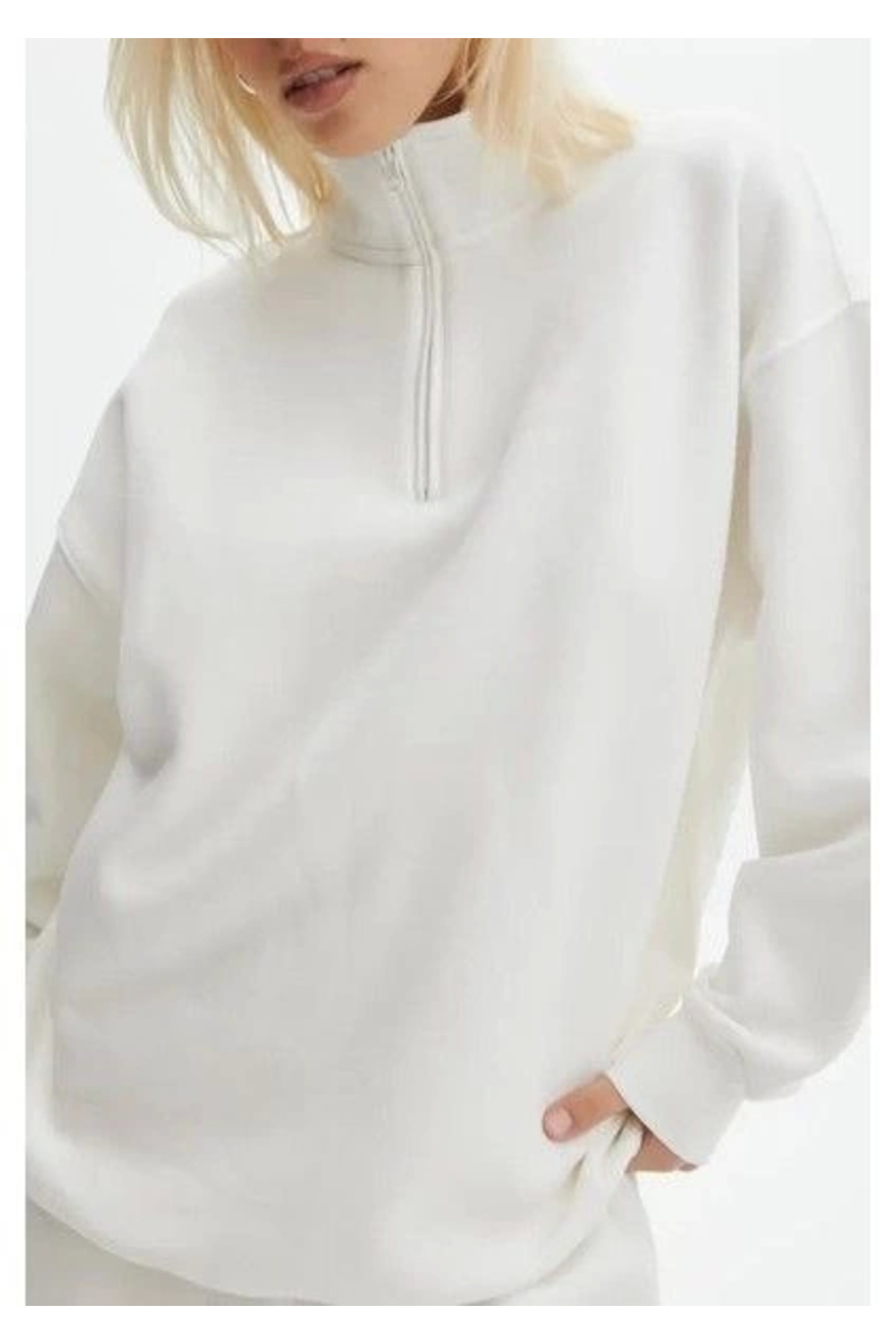 Unisex Uzun Kol Yarım Farmuarlı Yakalı Basic SweatShirt - Beyaz