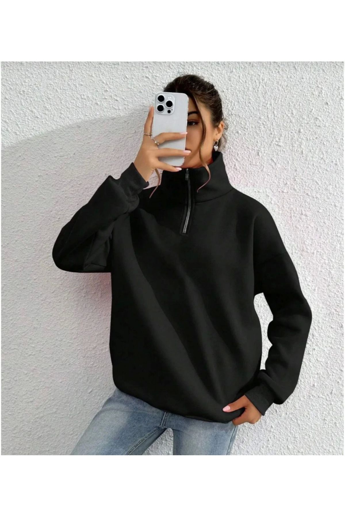 Pink Stil Unisex Uzun Kol Yarım Farmuarlı Yakalı Basic SweatShirt - Siyah Pink Stil