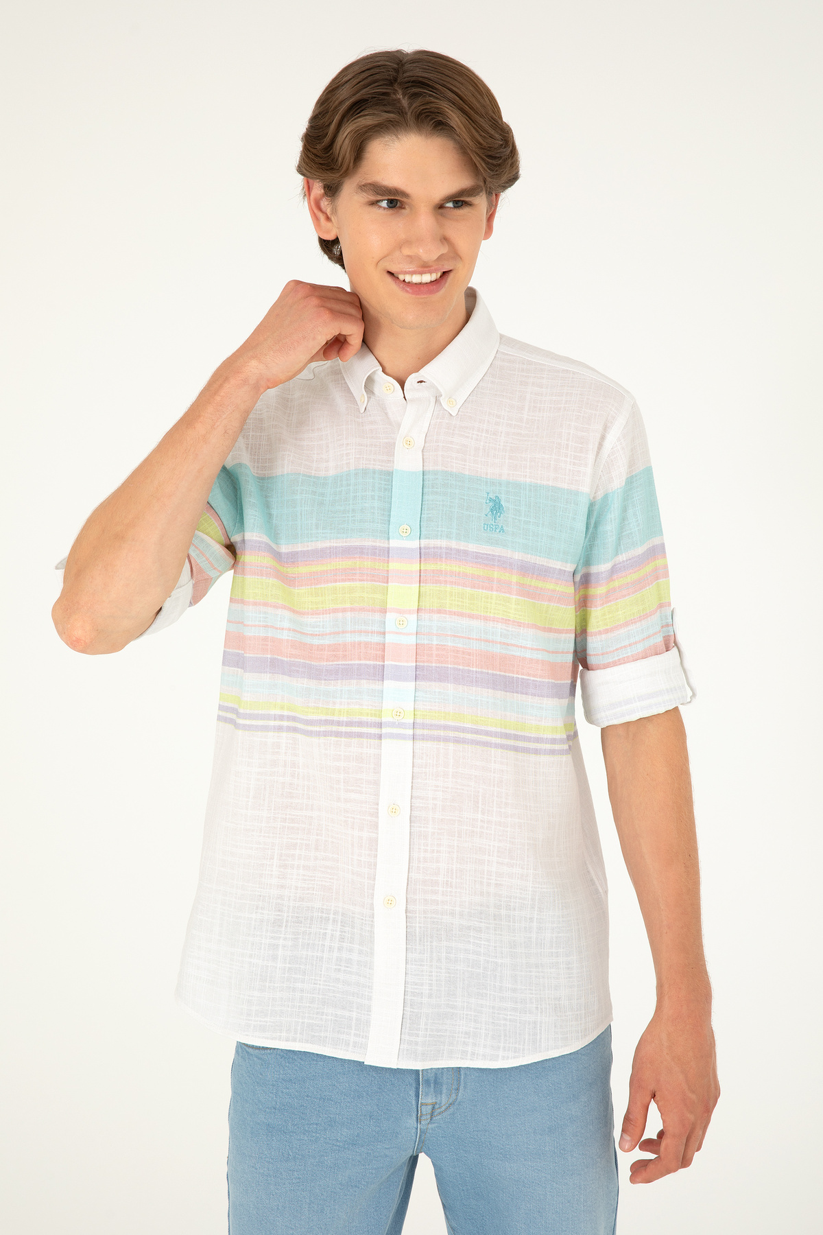 یو اس پولو پیراهن آستین بلند مردانه طرح نعنایی کد ۵۰۲۸۳۷۲۱-VR090