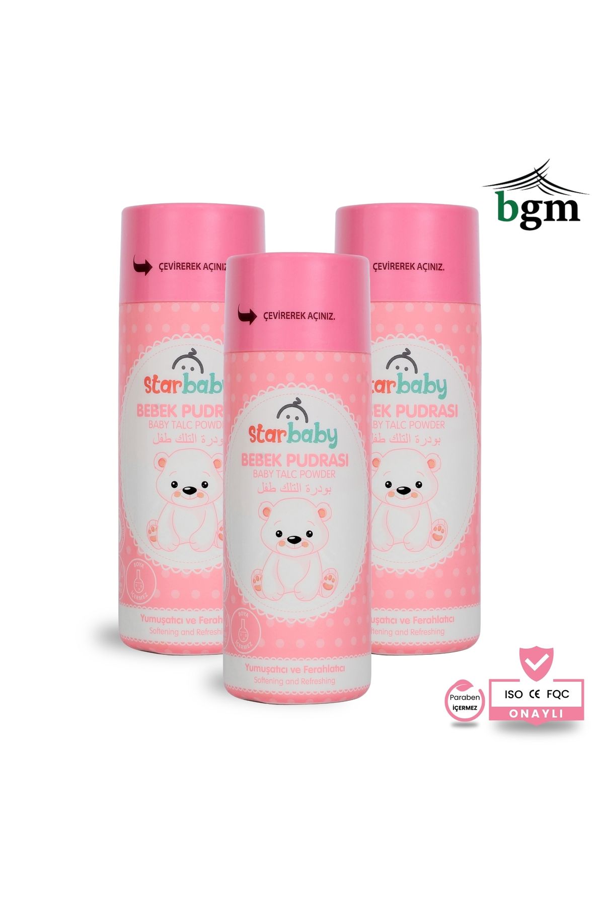 bgm Bebek Pudrası 3x 100gr Serpme Pembe Nem Önleyici Yumuşatıcı ve Ferahlatıcı Pudra