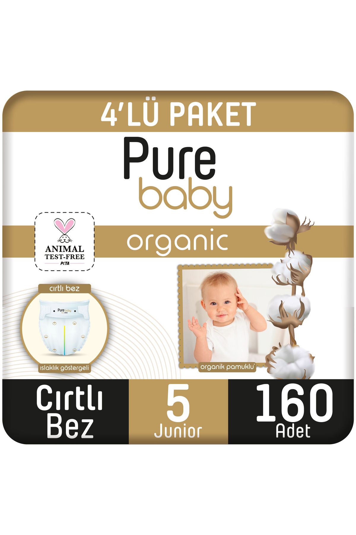 Pure Baby Organik Pamuklu Cırtlı Bez 4'lü Paket 5 Numara Junior 160 Adet