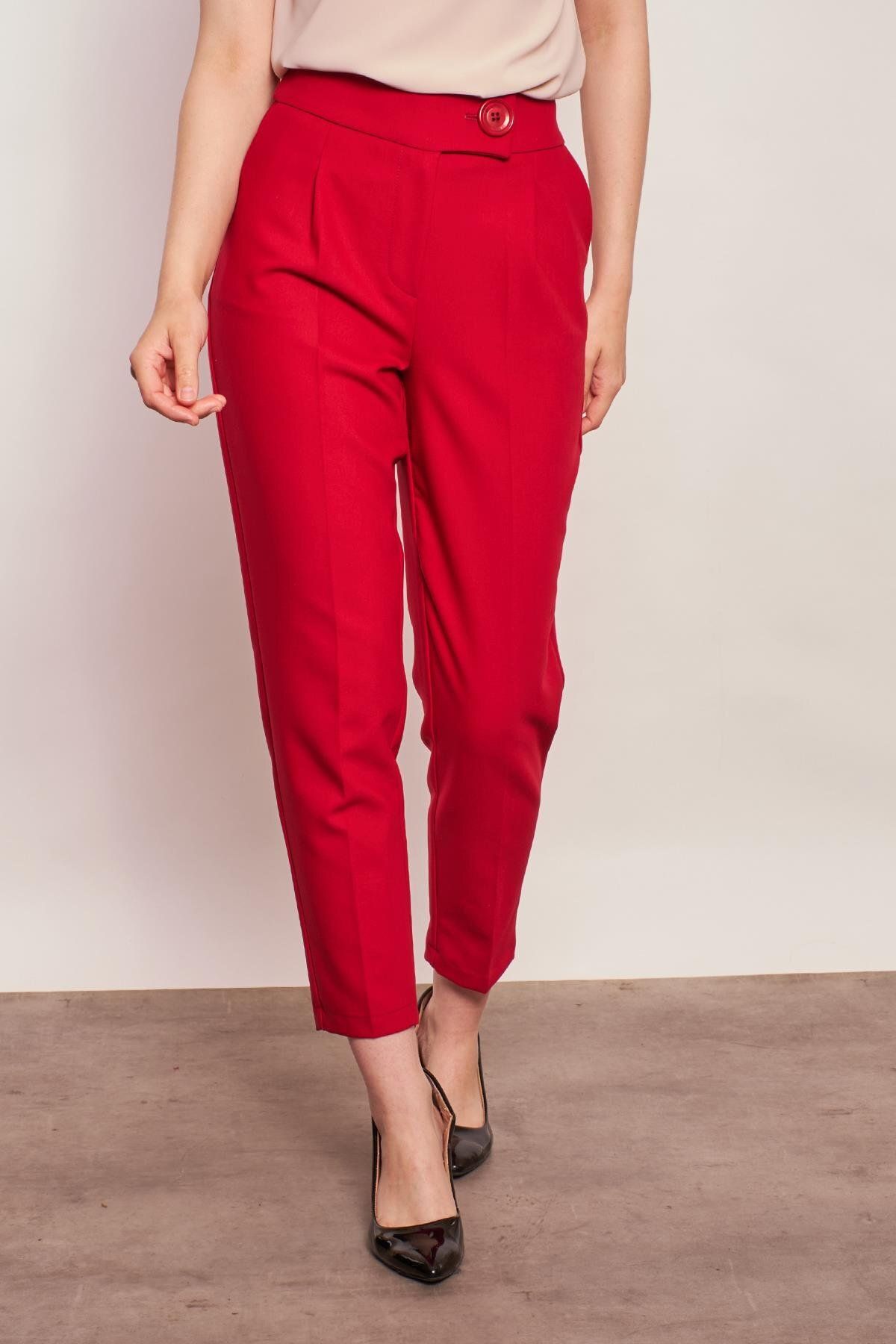 Jument-High Waist Thick Belted Side Pocket Pleated Carrot Leg Light Lycra Fabric Trousers - burgundy 2