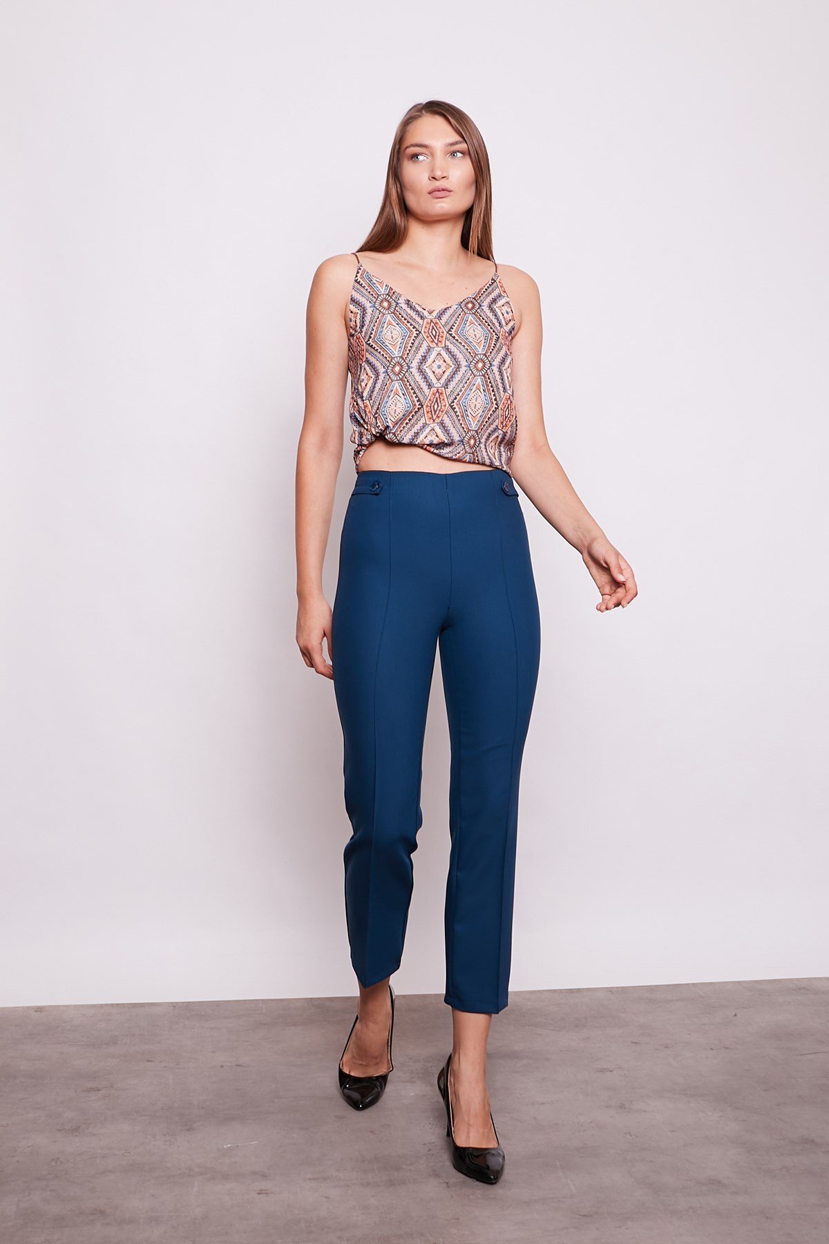 Women's High Waist Front Stitched Waist Epaulette Buttoned Pipe Leg Fabric Pants -Petroleum