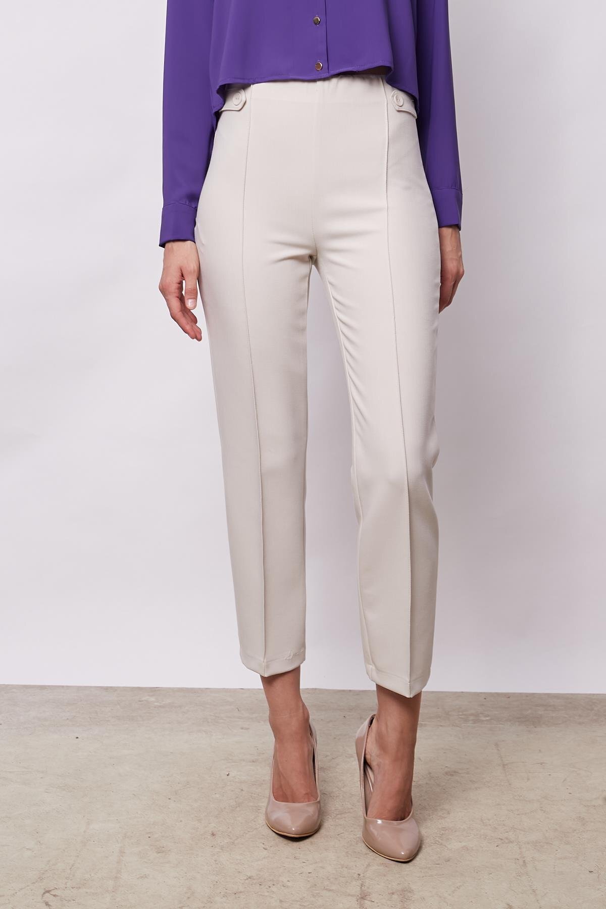 Women's High Waist Front Stitched Waist Epaulette Buttoned Pipe Leg Light Lycra Fabric Trousers-Champagne