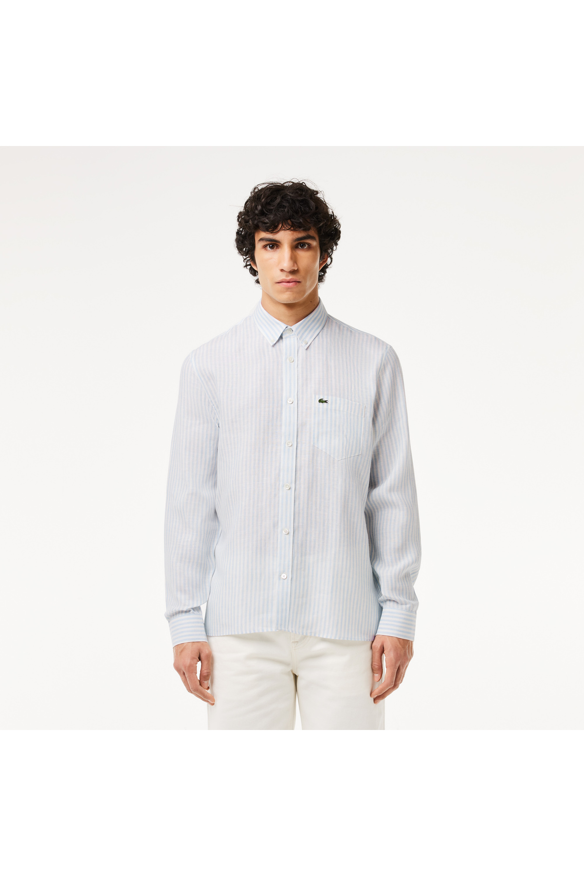 پیراهن مردانه یقه دکمه‌دار معمولی راه راه کتانی آبی روشن لاگوست پیراهن Lacoste