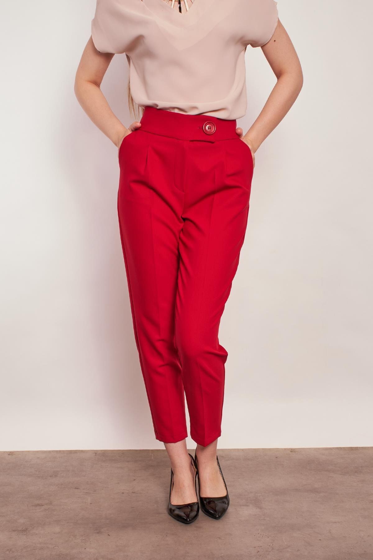 Jument-High Waist Thick Belted Side Pocket Pleated Carrot Leg Light Lycra Fabric Trousers - burgundy 4