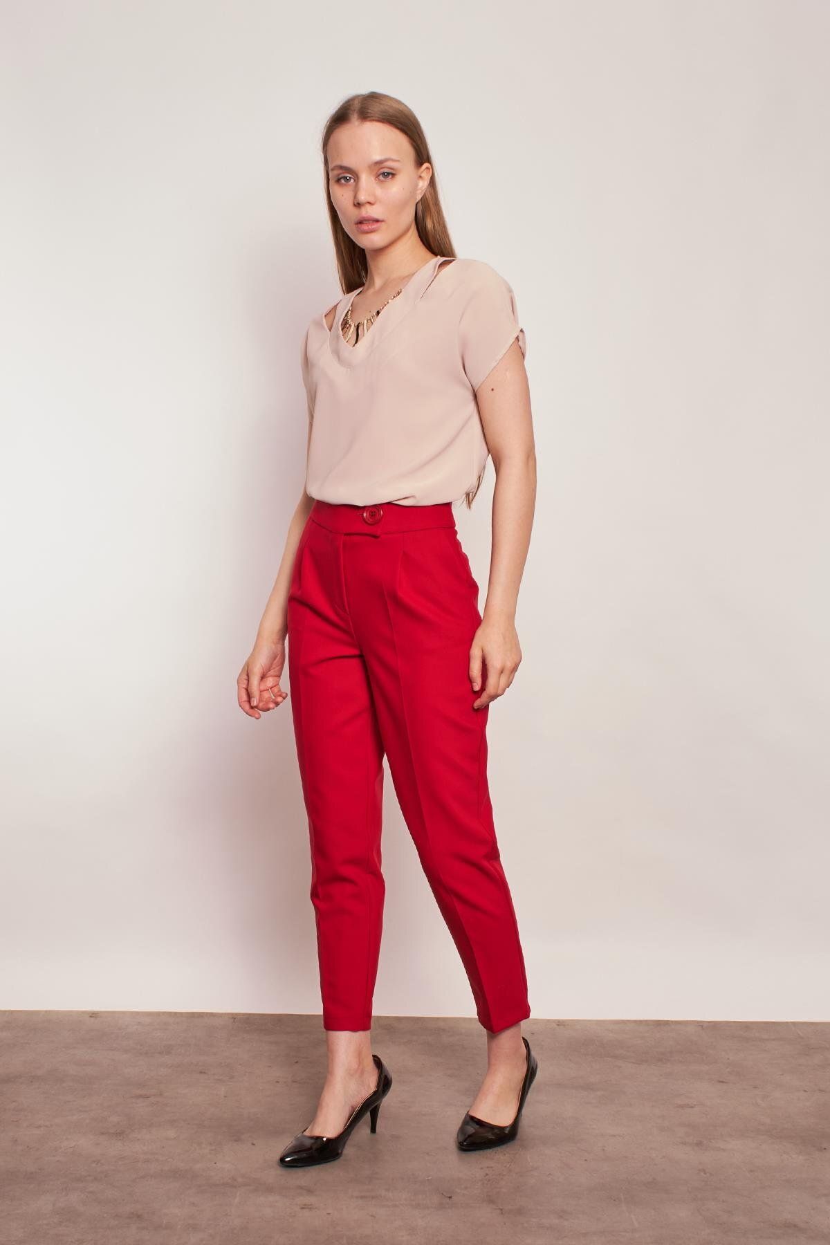 Jument-High Waist Thick Belted Side Pocket Pleated Carrot Leg Light Lycra Fabric Trousers - burgundy 1