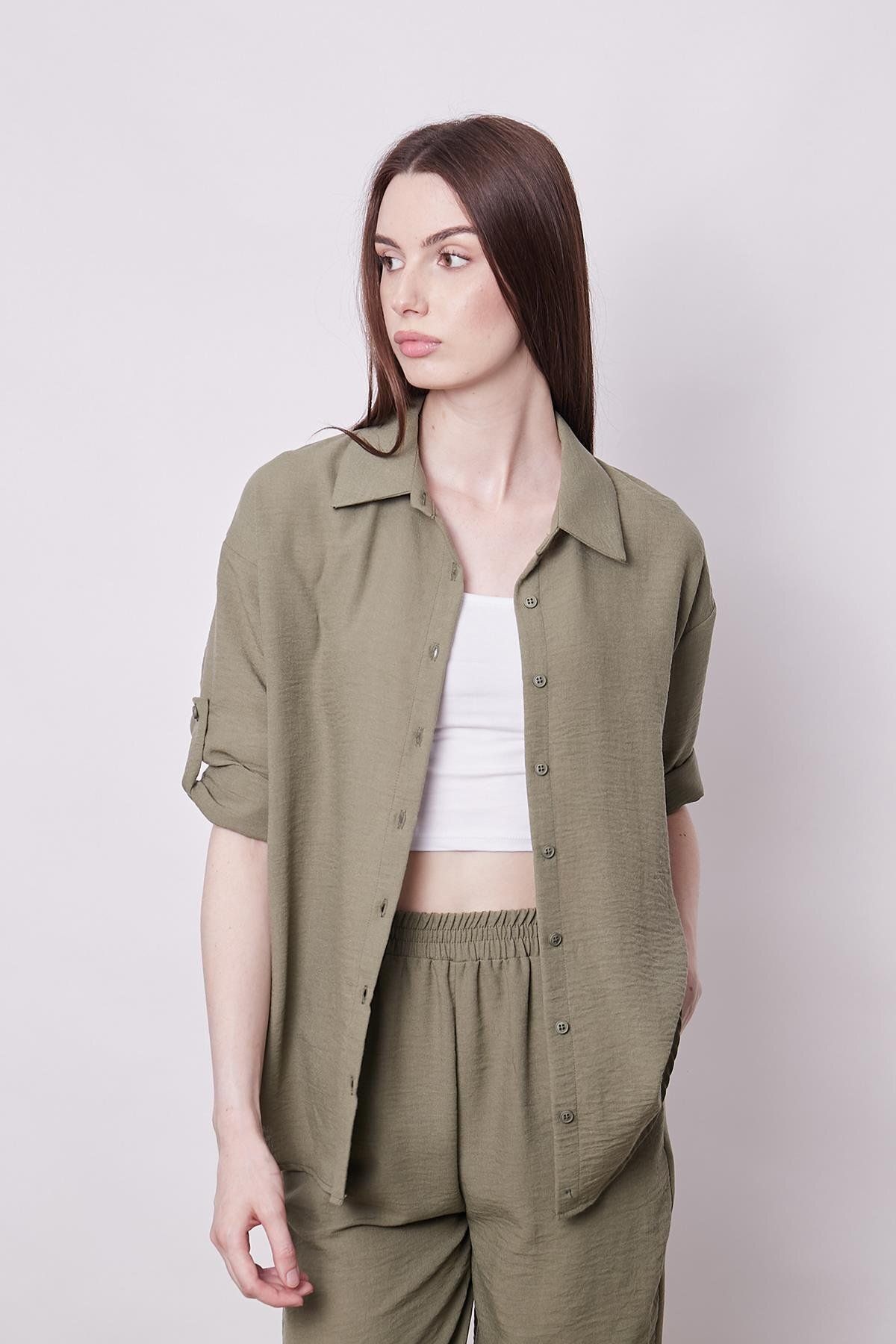 Jument-Khaki Linen Women's Shirt - Off Shoulder, Capri Collar and Epaulet - Ideal for Stylish Design 5