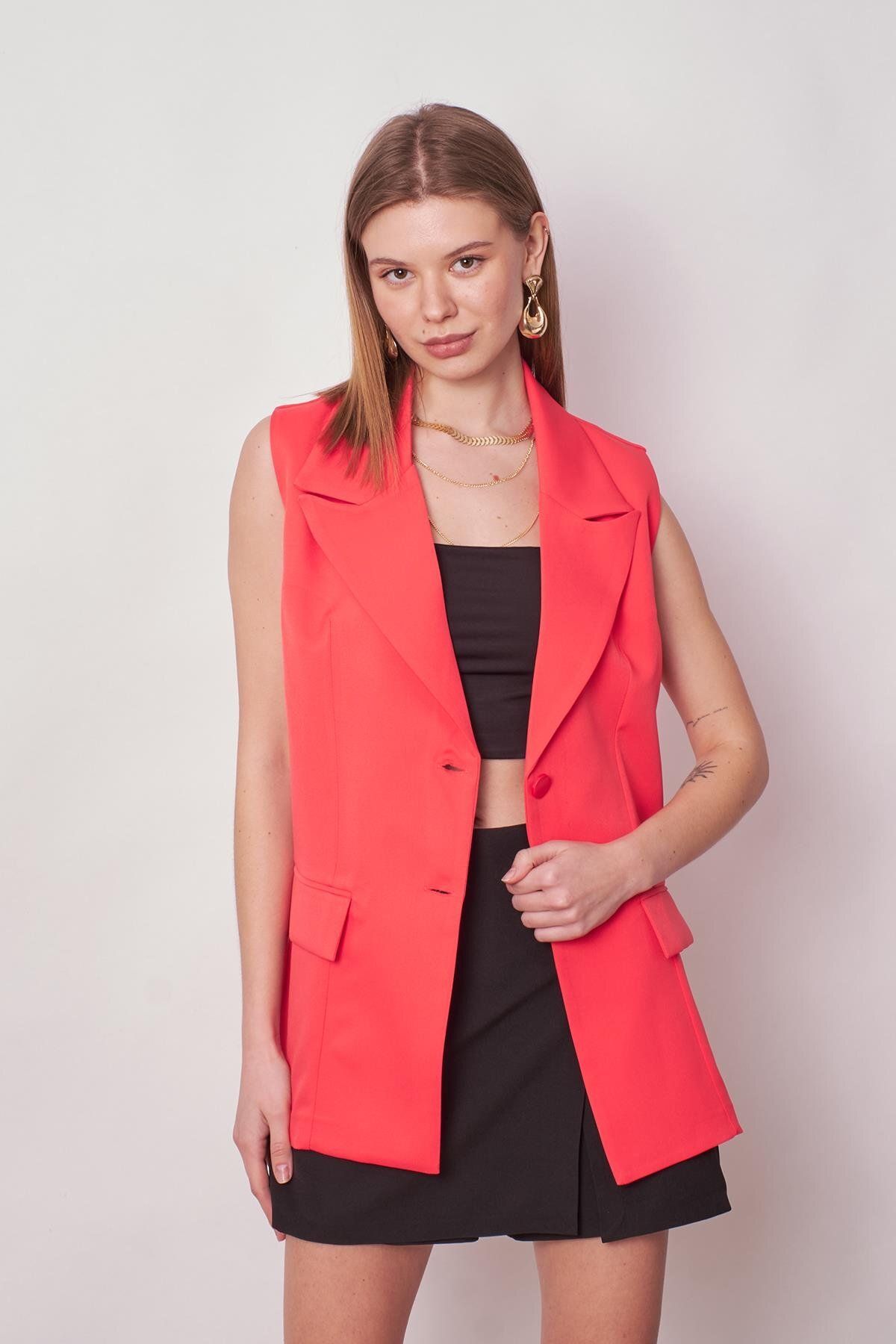Jument-Women's Collared Pocket Covered Lightweight Lycra Woven Fabric Oversize Blazer Vest-Coral 5
