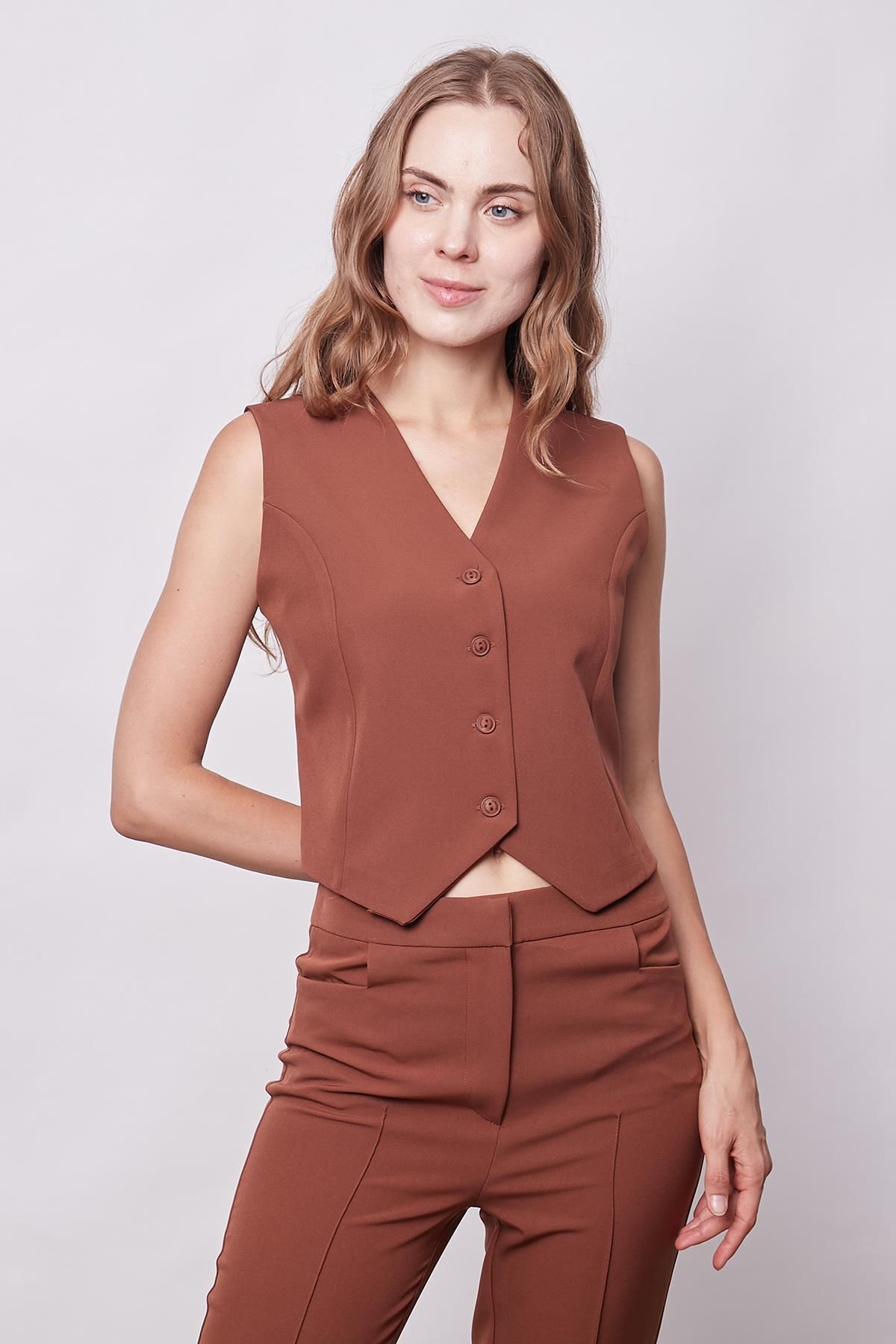 Jument-Lightweight and Lycra Fabric Dark Tan Short Vest - Buttoned Front 5