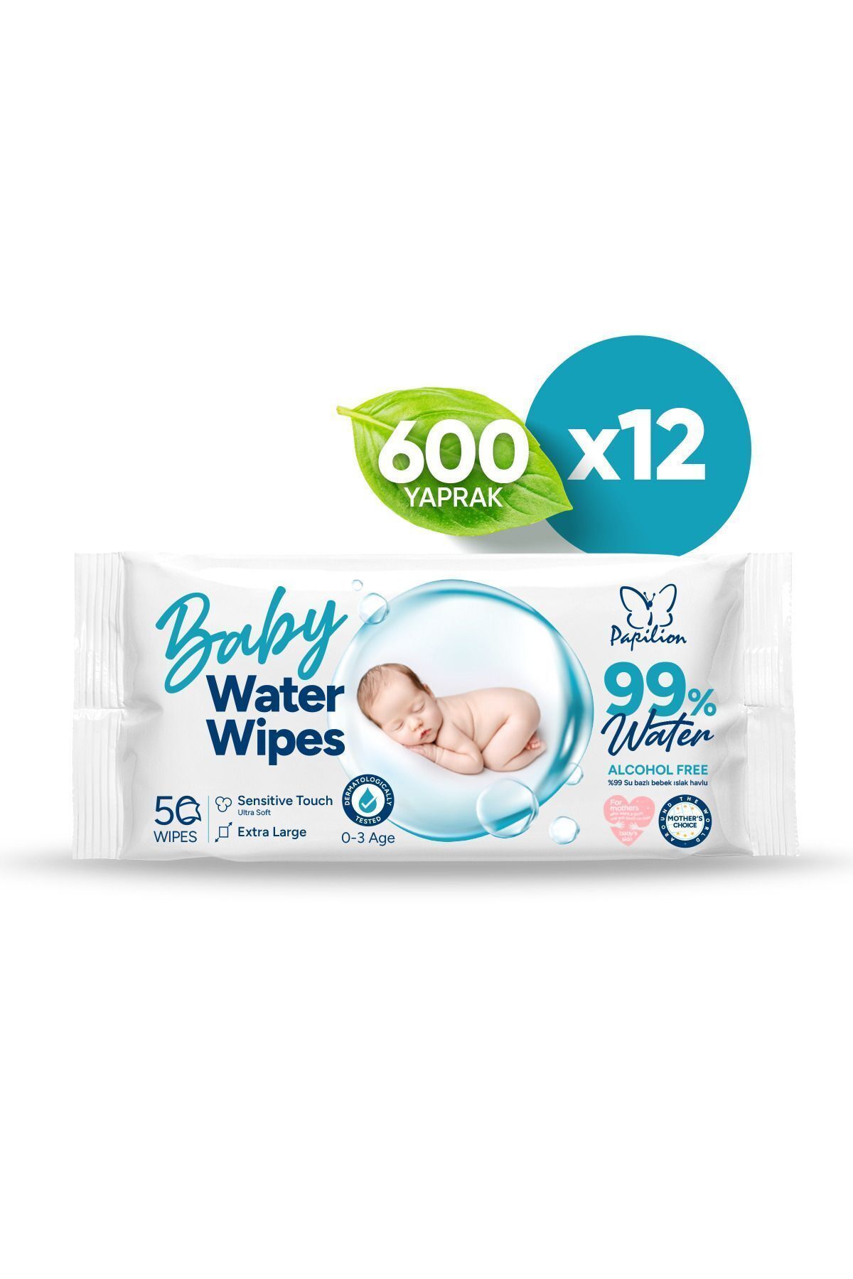 Papilion Baby Water Wipes %99 Saf Su Içeren Bebek Islak Havlu 12x50 600 Yaprak Süper Ekonomik Paket