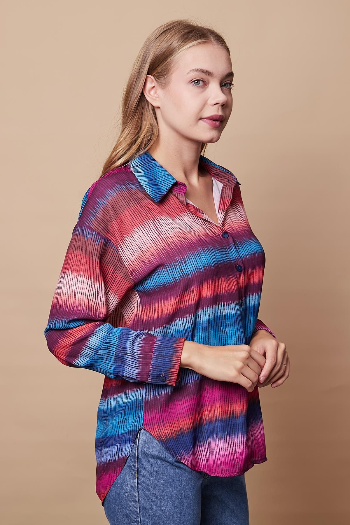 Jument-Women's Patterned Collar Off-Shoulder Long Sleeve Stylish Office Shirt-Ebruli Pattern 5