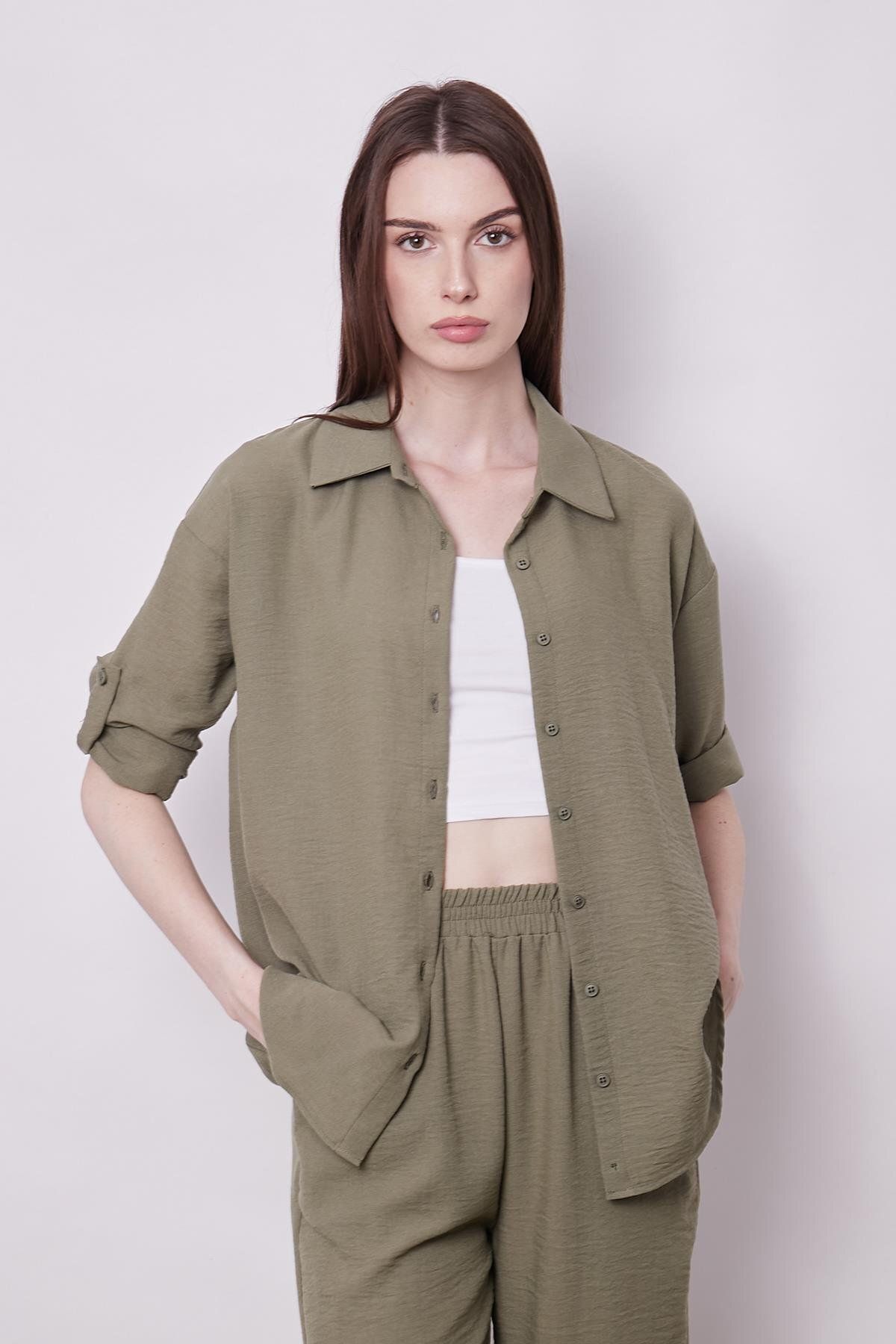 Jument-Khaki Linen Women's Shirt - Off Shoulder, Capri Collar and Epaulet - Ideal for Stylish Design 4