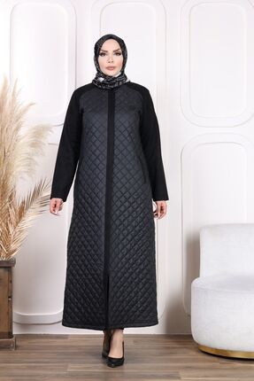 Tuğralı Kapitone Fermuarlı Siyah Mont Tesettür Tam Boy Kapitone Pardesü Kışlı...