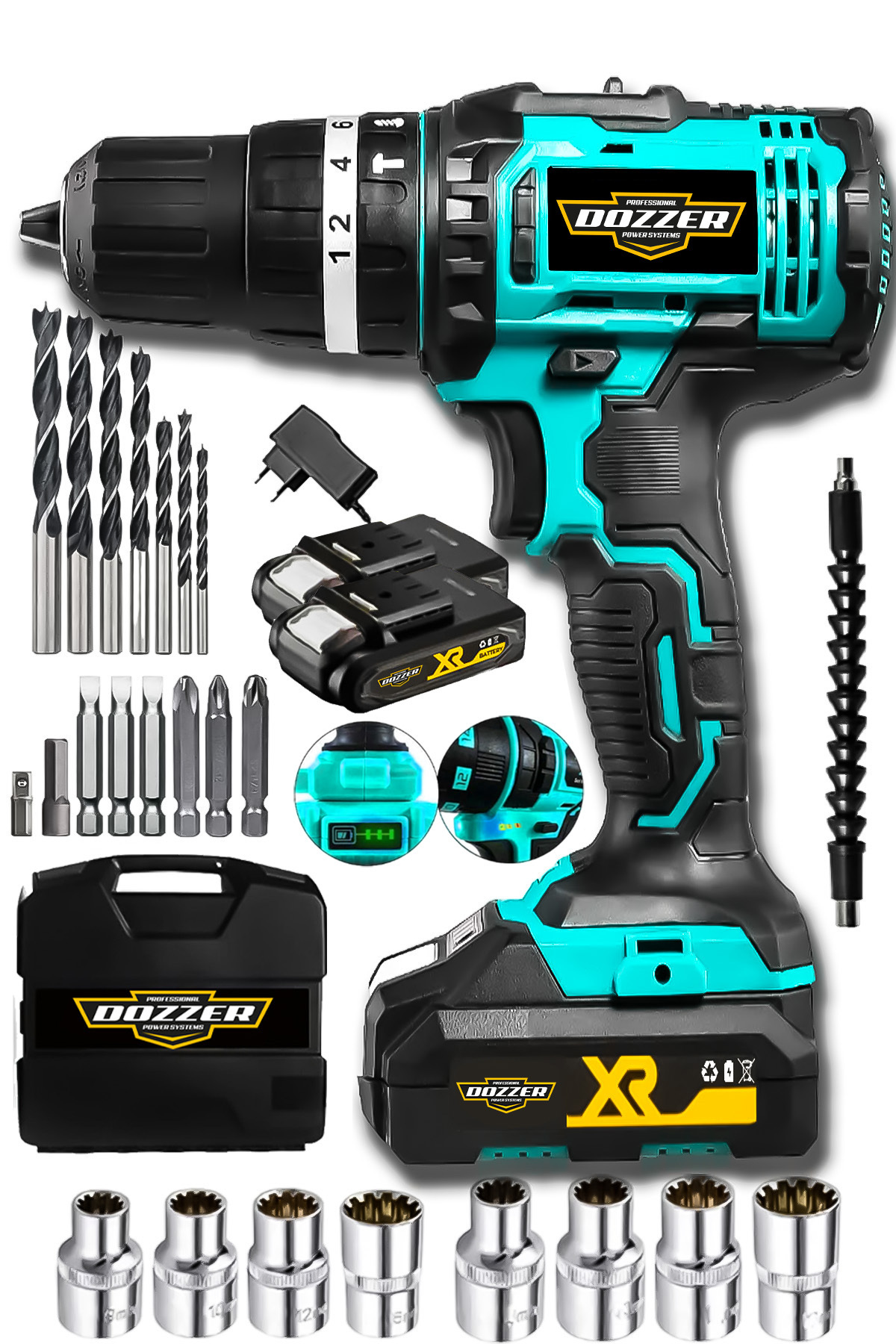 DOZZER Alman Walter Darbeli Bakır Sargılı 27 Parça Setli 2x Akülü Şarjlı Akülü Vidalama Matkap