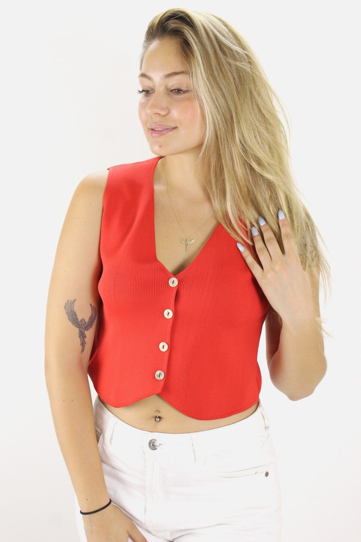 E-RICH Düz Triko Crop Yelek Bluz Kırmızı - 1468.100