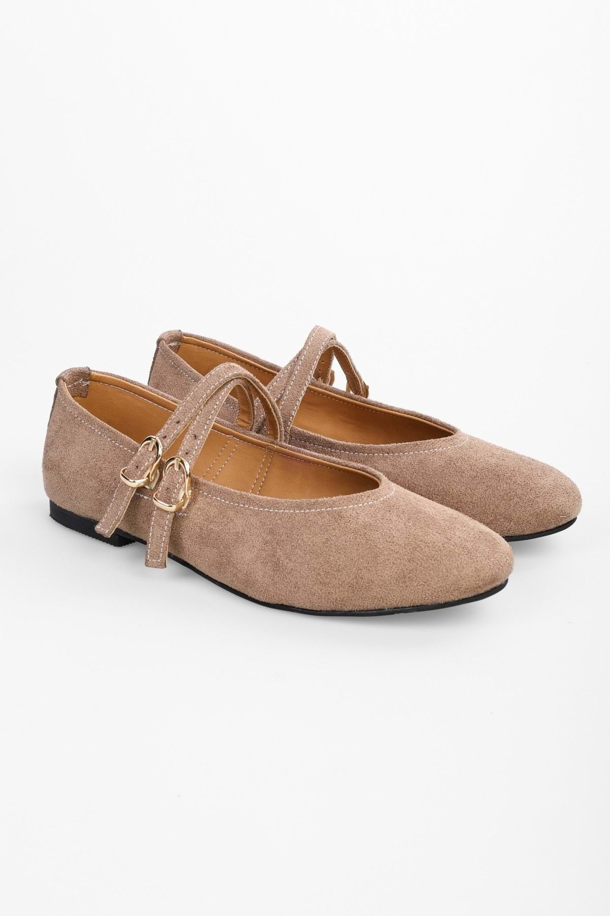 Shoeberry-Women's Fiesty Mink Suede Double Strap Ballerinas 4