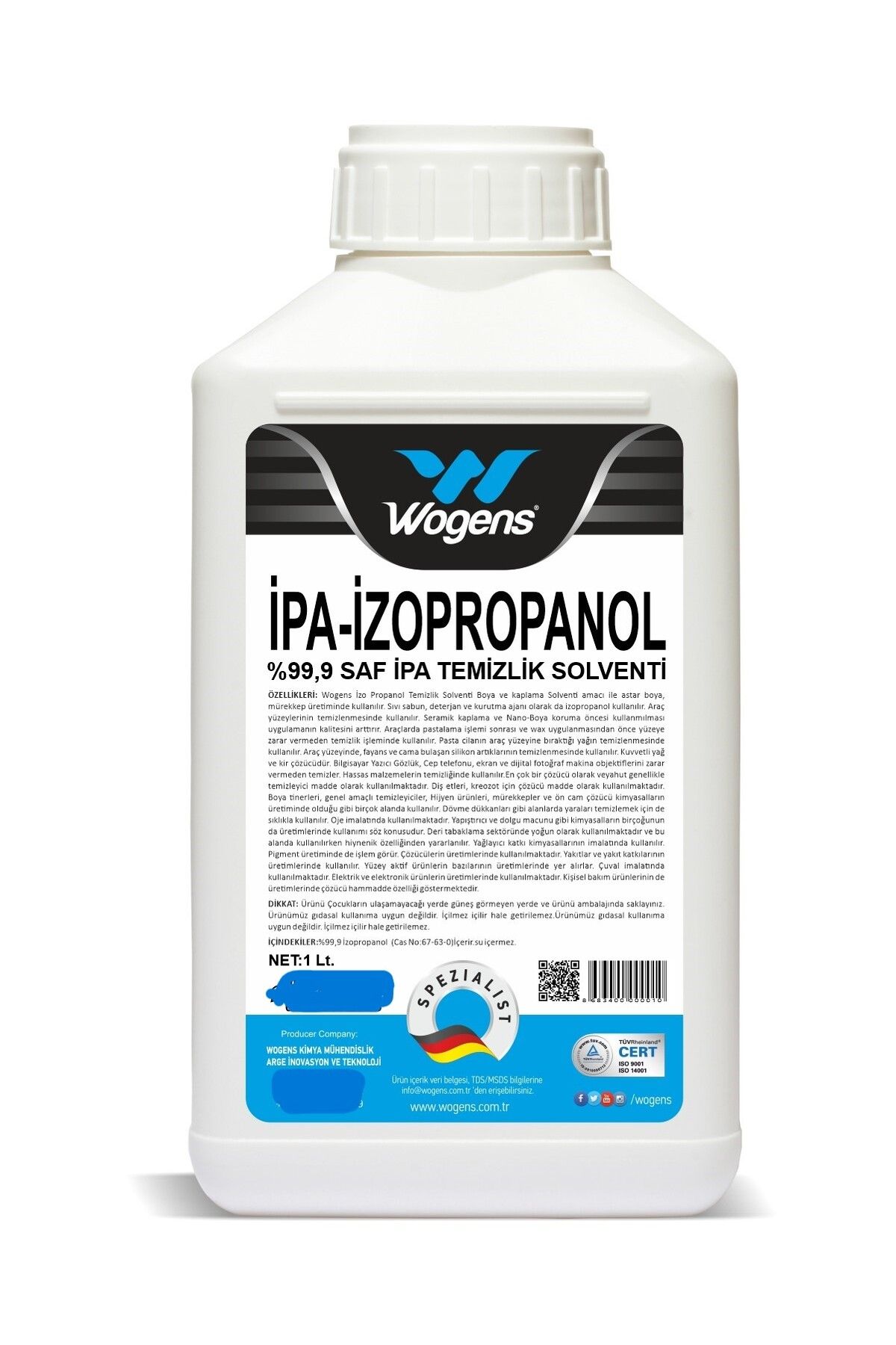 Wogens 1 lt saf ipa izo propil alkol temizlik solventi (izopropil dezenfektan)