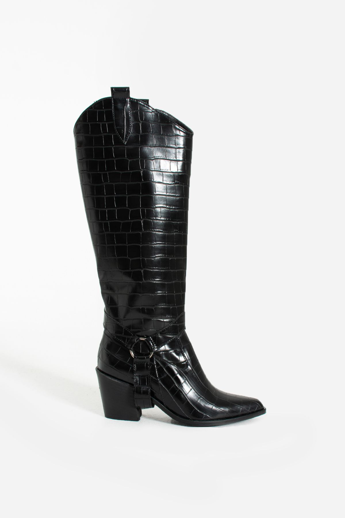 Gökçe Shoes-Matviy Black Crocodile Detailed Women's Heeled Boots 3