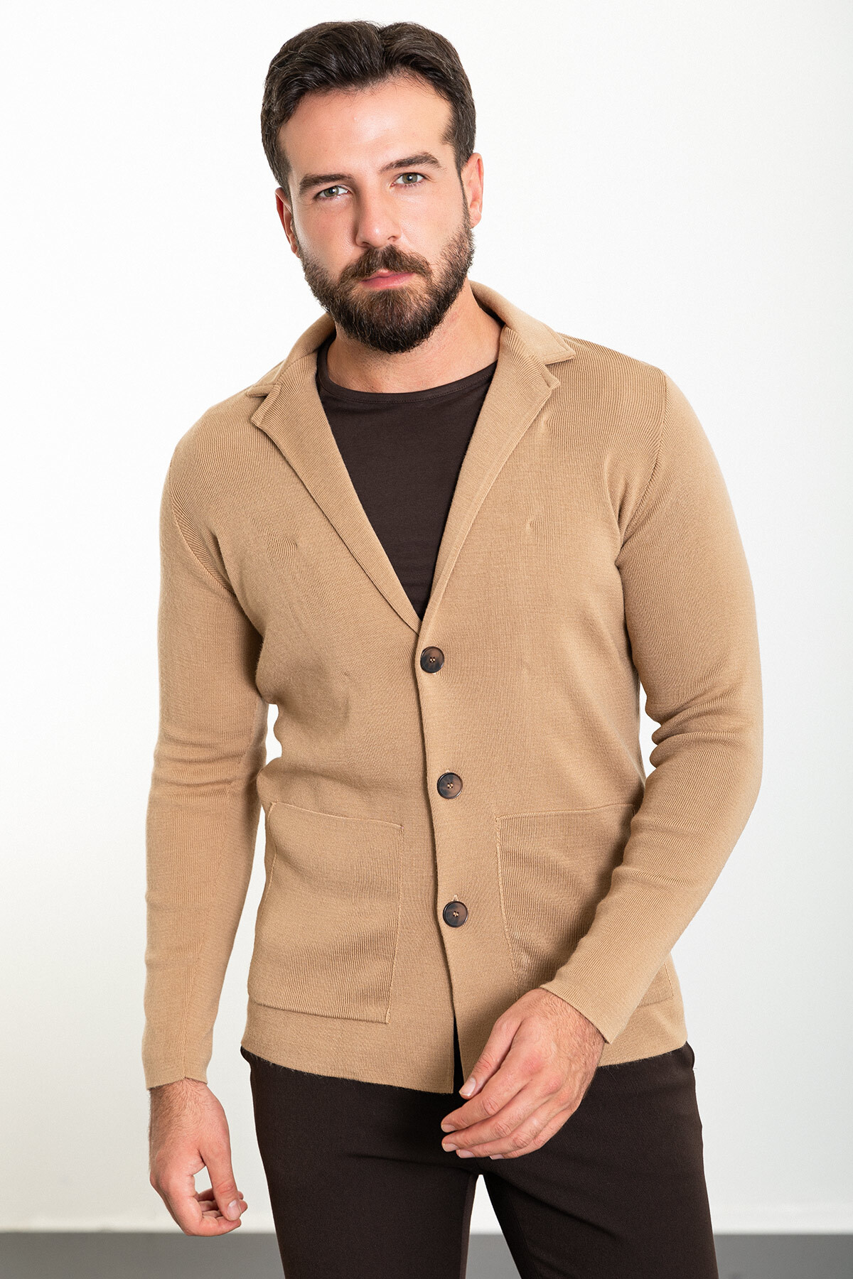Düz Slim Fit Torba Cep Yün Erkek Triko Ceket Kamel - 11237.23K — رنگارنگ — تصویر 4 از 5