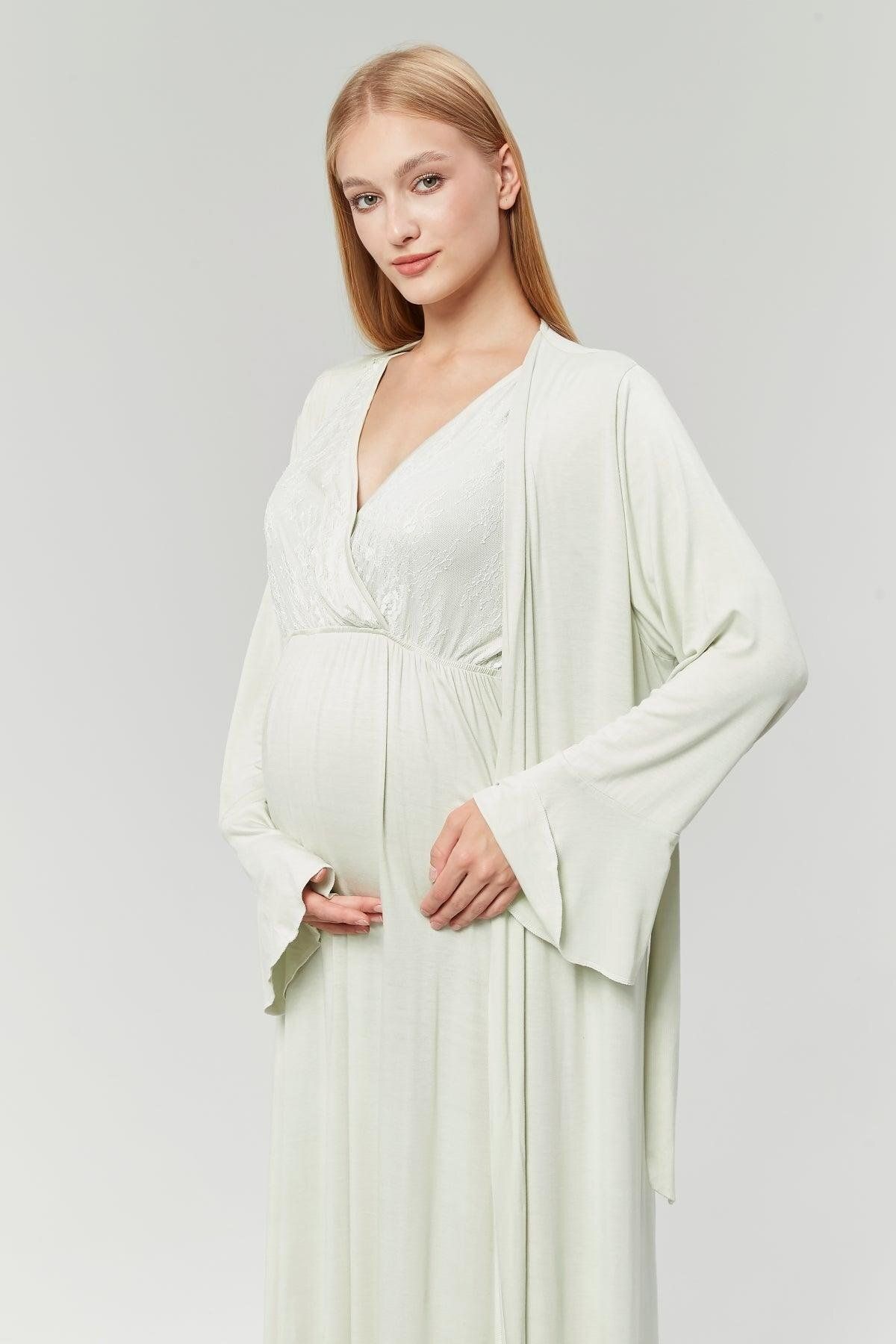 don point-Double Breasted Maternity Nightgown Set with Hidden Nursing Feature Water Green Dressing Gown - 525 7